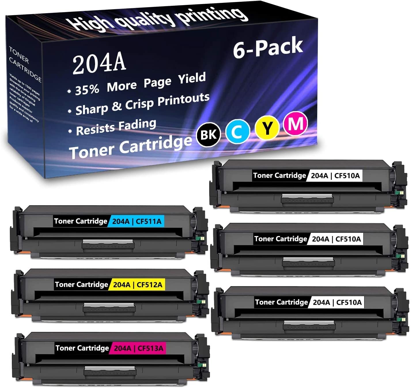 6-Pack (3BK+1C+1M+1Y) 204A/CF510A/CF511A/CF512A/CF513A Compatible Toner Cartridge Replacement for HP Color LaserJet Pro M154a/M154nw/MFP M180n/MFP M181fw/MFP M181fdw/MFP M180nw Printers - High Yield Printing for Office & Home Use