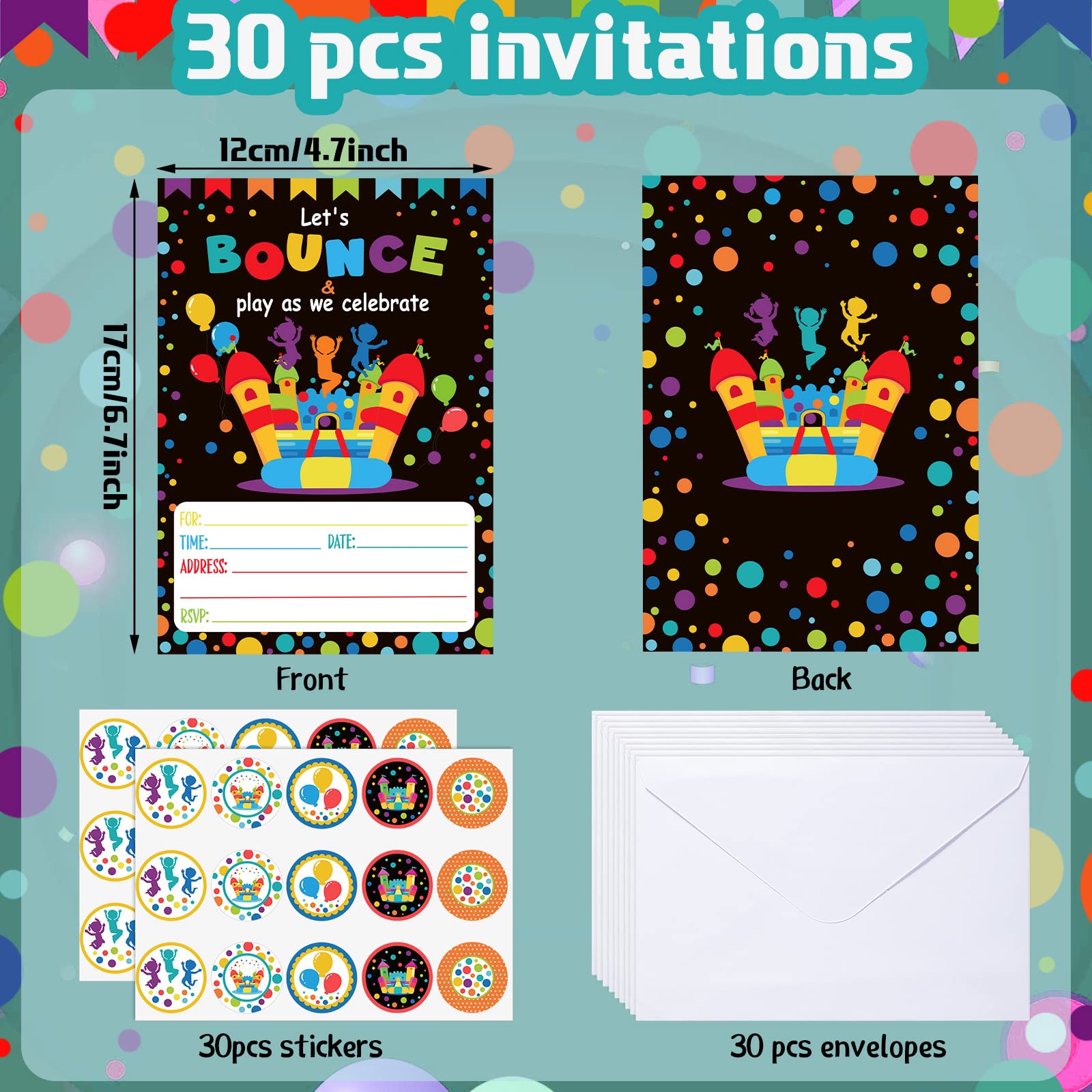 30 Pack Bounce House Birthday Party Invitations - Jumping Trampoline Themed Invite Cards with Envelopes & Stickers - Fun Kids Party Decorations for Boys & Girls - Perfect for Backyard Bounce Parties, School Events & Birthday Celebrations