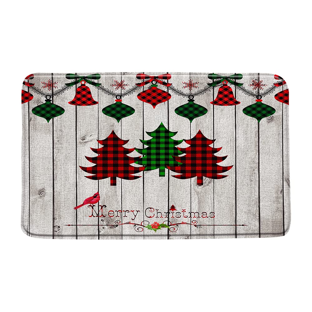 Christmas Bath Mat - Xmas Tree Plaid Rustic Wooden Board with Red Green Buffalo Check & Bird Ornaments - Holiday Farmhouse Bathroom Rug for Winter Decor, Gift & New Year Celebration