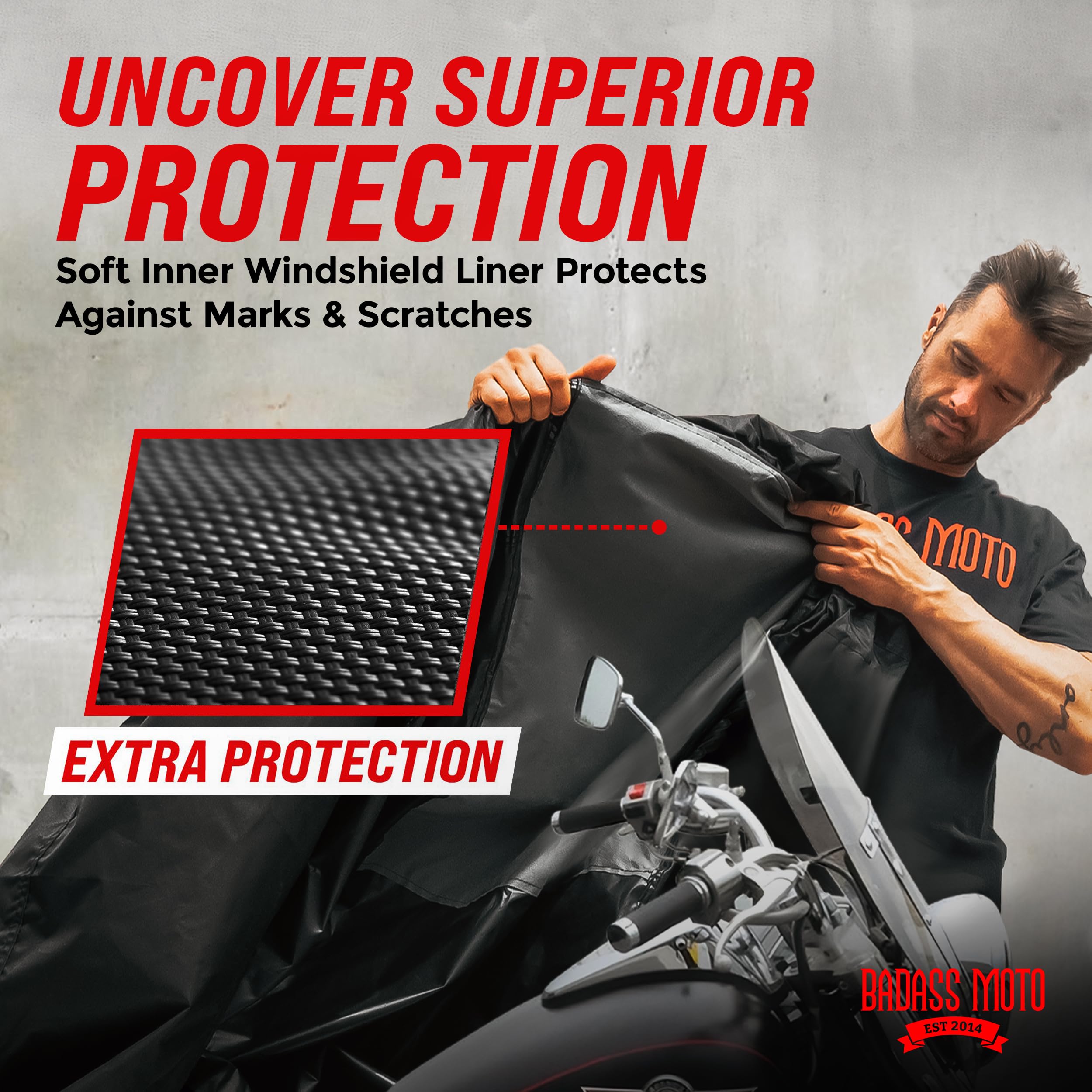 Badass Moto Heavy Duty Waterproof Motorcycle Cover for Outdoor Use - Universal Fit for Harley Davidson & Cruiser Bikes (97”L x 57”H) - Sun Protection & All-Weather Shield for Parking, Storage & Travel