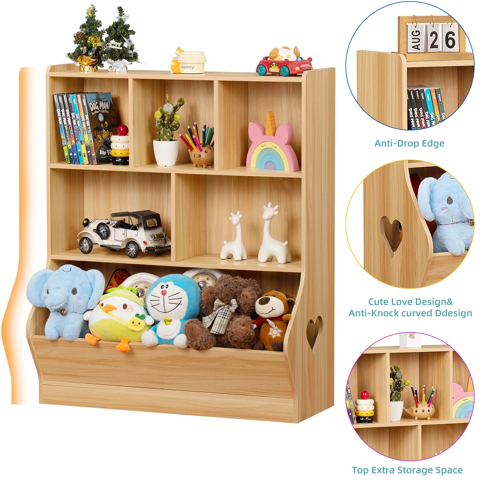 Lerliuo 3-Tier Kids Toy Storage Organizer & Bookshelf - 7-Cubby Wooden Toy Cabinet for Playroom, Bedroom, Nursery - Natural Wood Children's Bookcase (29.53