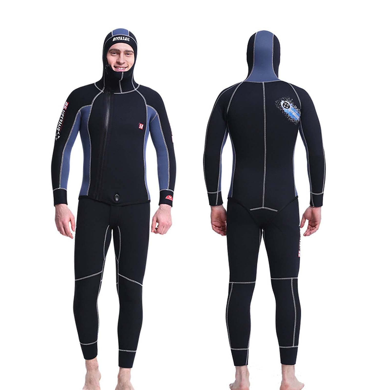 5mm Men's Wetsuit with Hood - 2 Piece Neoprene Diving Suit for Winter, Front Zip Ultra Stretch Long Sleeve Wetsuit for Snorkeling, Surfing & Swimming (Black/Blue, XXL) - Ideal for Cold Water Sports, Scuba Diving & Water Activities
