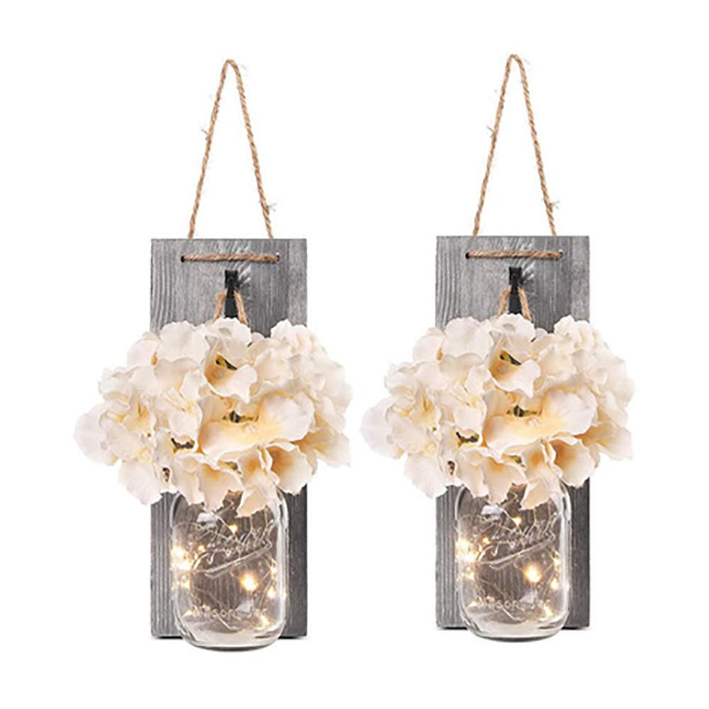 Rustic Mason Jar Wall Sconces with LED Lights - Set of 2 Modern Farmhouse Lighting Fixtures with Silk Hydrangea & Wrought Iron Hooks for Bedroom, Living Room, and Porch Decor (Size A)