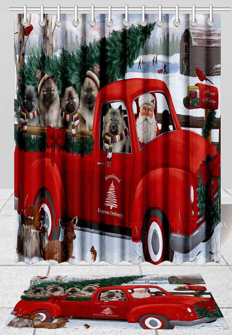 Christmas Santa Express Delivery Red Truck Keeshond Dog Shower Curtain & Bath Mat Set - Anti-Slip Polyester Bathroom Rug & Bathtub Curtain with Hooks (20''x32'' Rug, 69