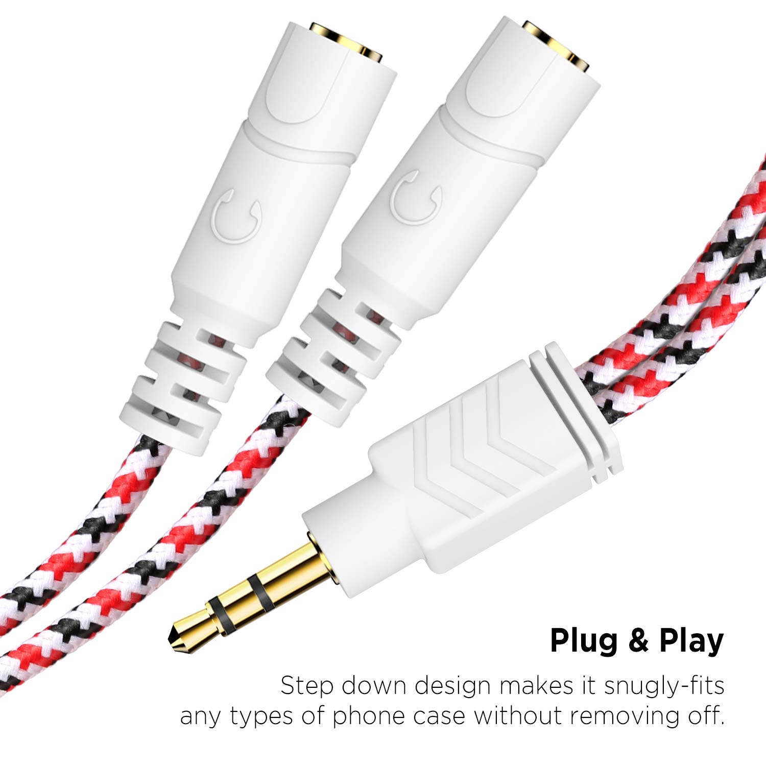 Premium DUKABEL 3.5mm Headphone Splitter Cable - Gold Plated Stereo Audio Y Adapter with Braided Nylon - Compatible with iPhone, Android, Smartphones, Tablets & More (0.85ft/26cm) - Perfect for Sharing Music, Gaming & Online Classes