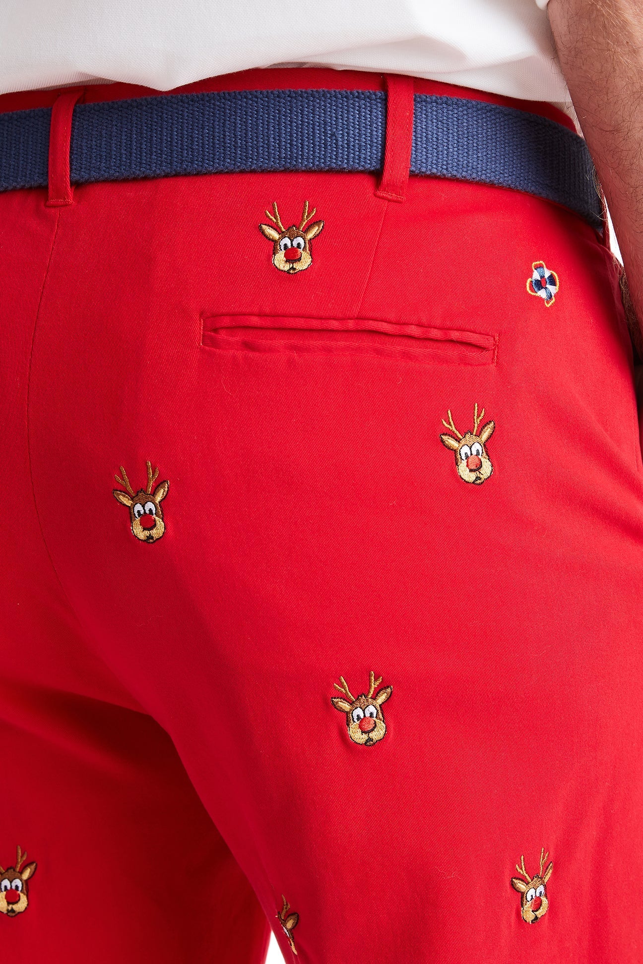 Stretch Twill Harbor Pant in Bright Red with Rudolph Print - Comfortable Casual Pants for Holiday Parties & Festive Outfits