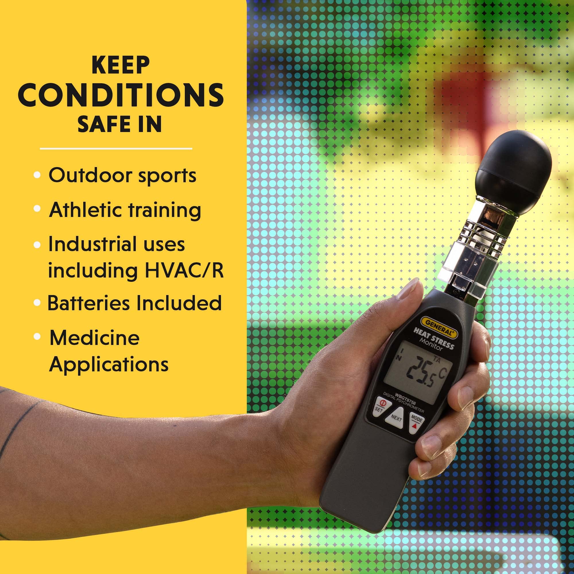 General Tools WBGT8758 Handheld Heat Stress Monitor with Brass Black Ball - Measures 32°F to 122°F & 0-100% RH - Ideal for Workplace Safety, Industrial Hygiene, and Outdoor Activity Monitoring