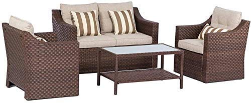 SOLAURA 4-Piece Outdoor Patio Furniture Set - All-Weather Wicker Sectional Sofa with Tempered Glass Coffee Table, Brown - Perfect for Backyard, Garden, and Poolside Relaxation