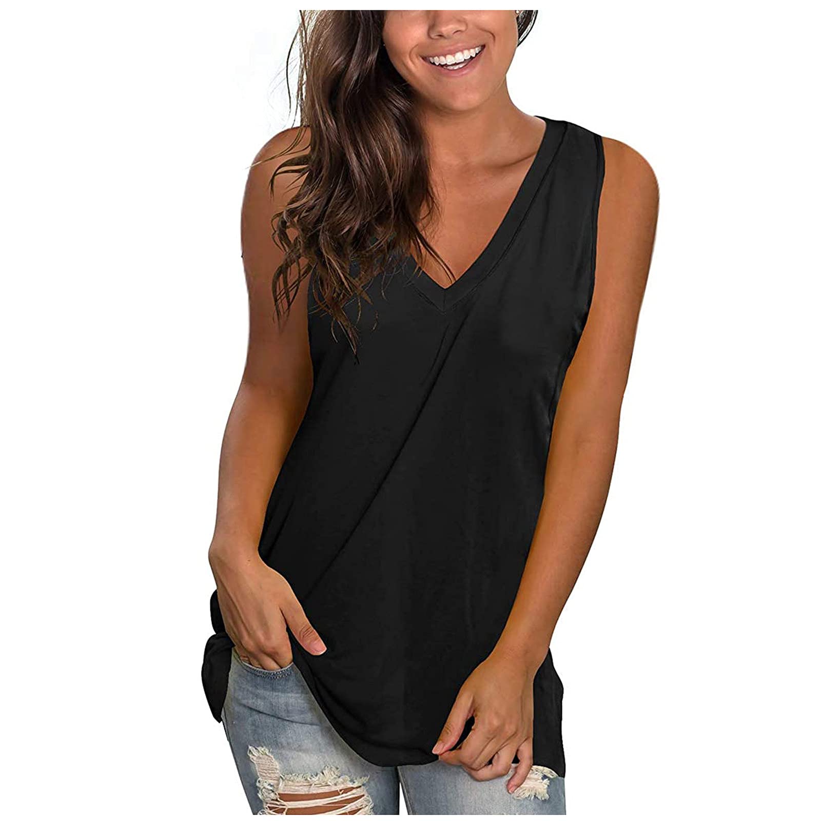 ZASUN Women's Sleeveless V-Neck Tank Tops - Summer Casual Solid Color Blouses & Plus Size T-Shirts for Workout, Beach, and Everyday Wear