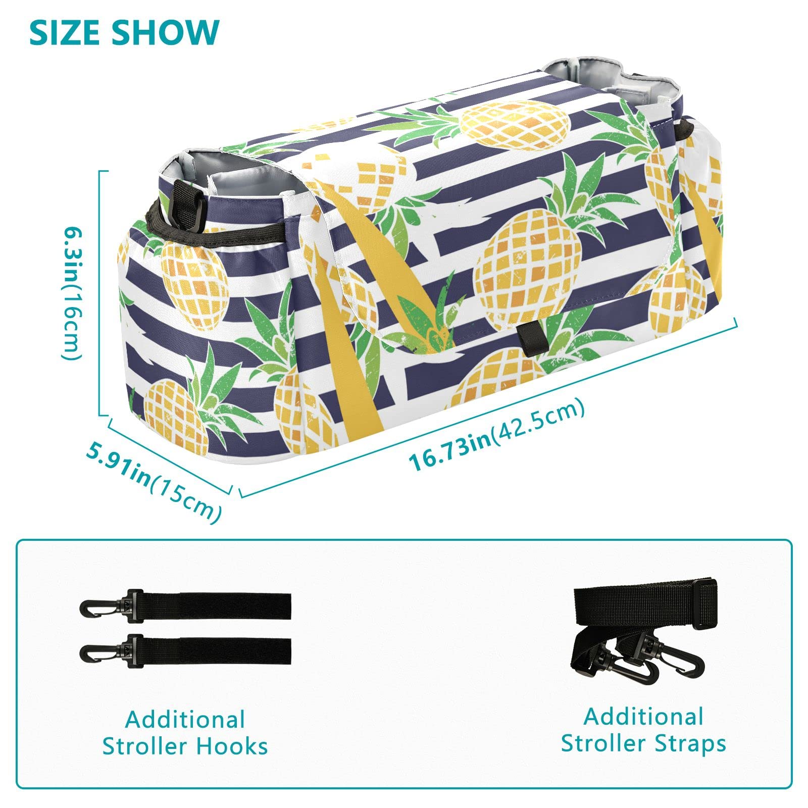 Emelivor Cartoon Pineapple Baby Stroller Organizer - Large Capacity Stroller Accessories with Adjustable Shoulder Strap & Cup Holders - Perfect for Diapers, Phone, Keys, Toys - Ideal for Park Outings, Shopping Trips & Family Walks