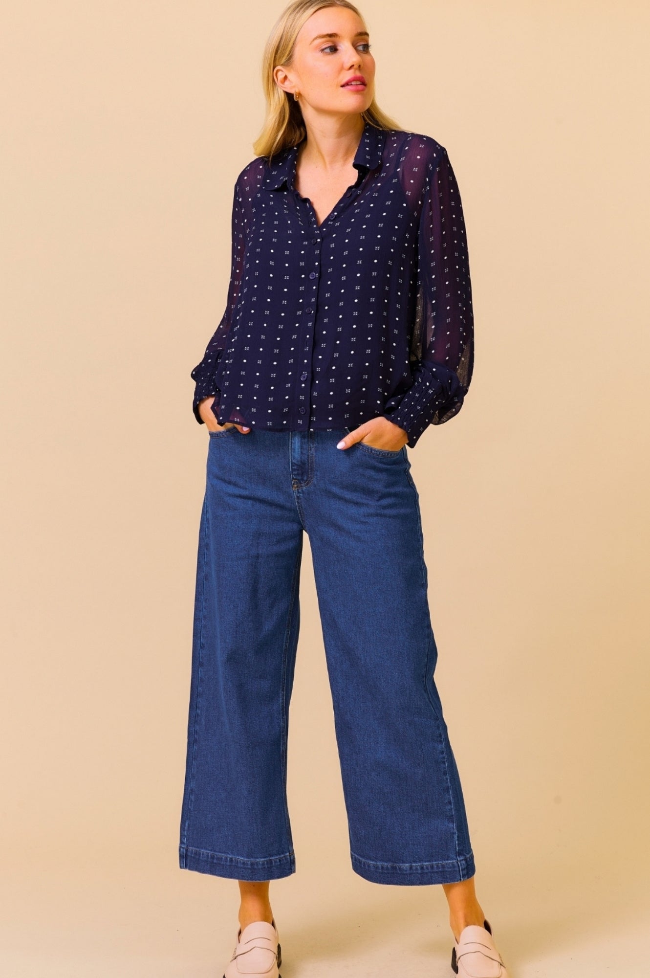 Ffion Blouse - Stylish Navy & White Polka Dot Women's Top for Casual Wear & Office Outfits