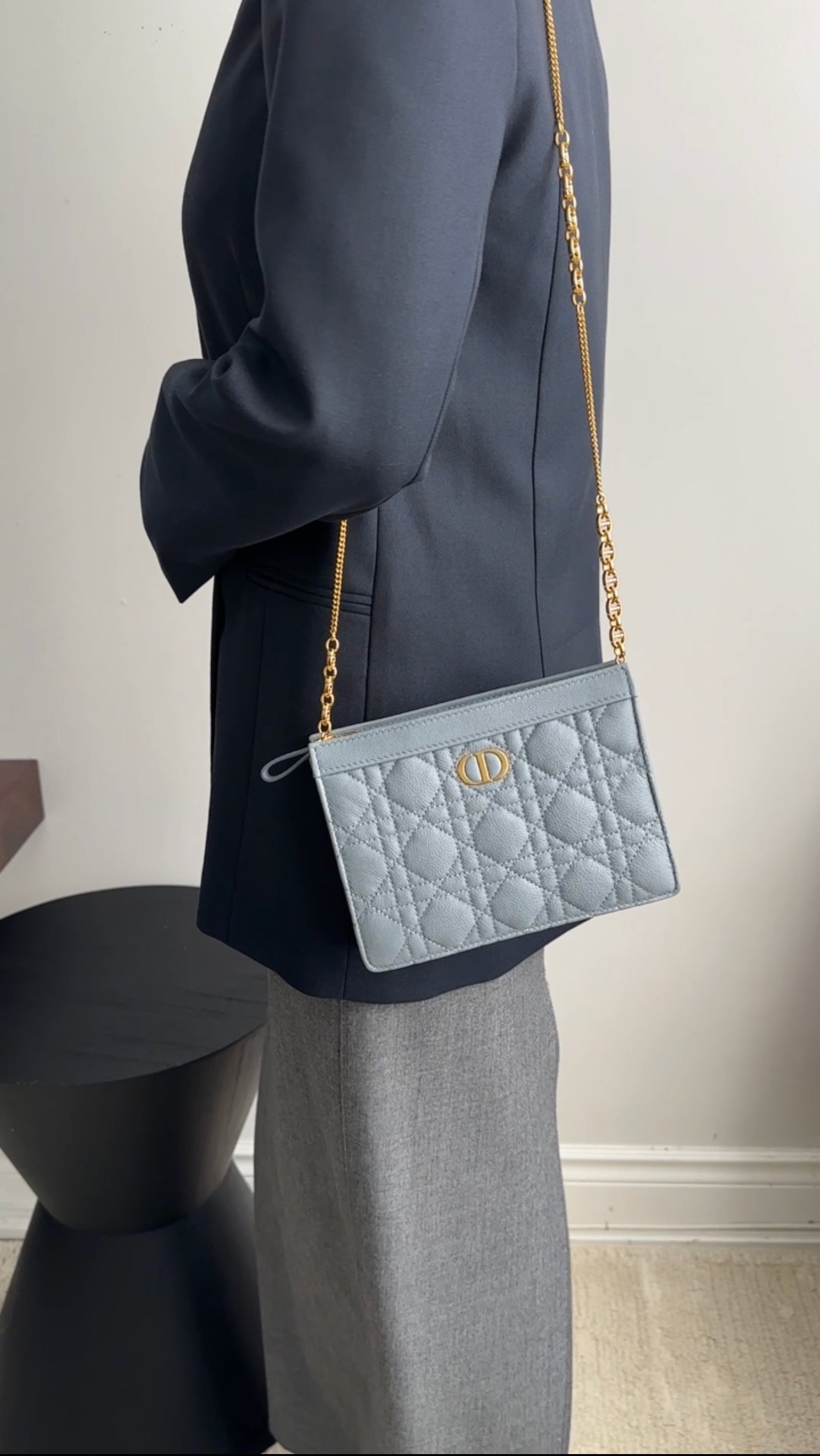 Christian Dior Cloud Blue Quilted Leather Caro Bag with Chain - Luxury Crossbody Pouch for Women, Perfect for Evening Parties & Date Nights