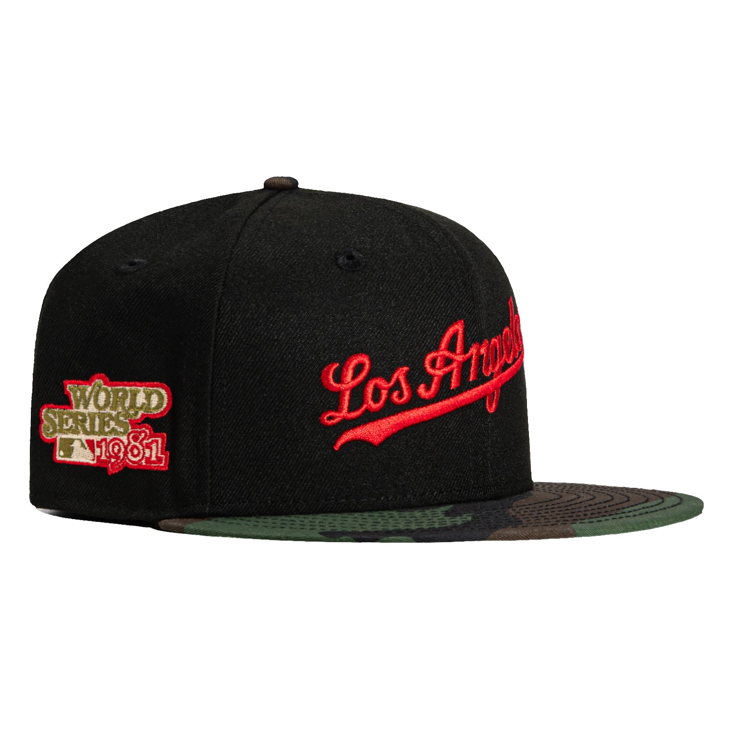 New Era 59Fifty Los Angeles Dodgers 1981 World Series Patch Script Hat - Black, Camo & Red Options | Vintage Baseball Cap for Dodgers Fans, Sports Collectors & Streetwear Fashion | Perfect for Games, Gifts & Casual Wear