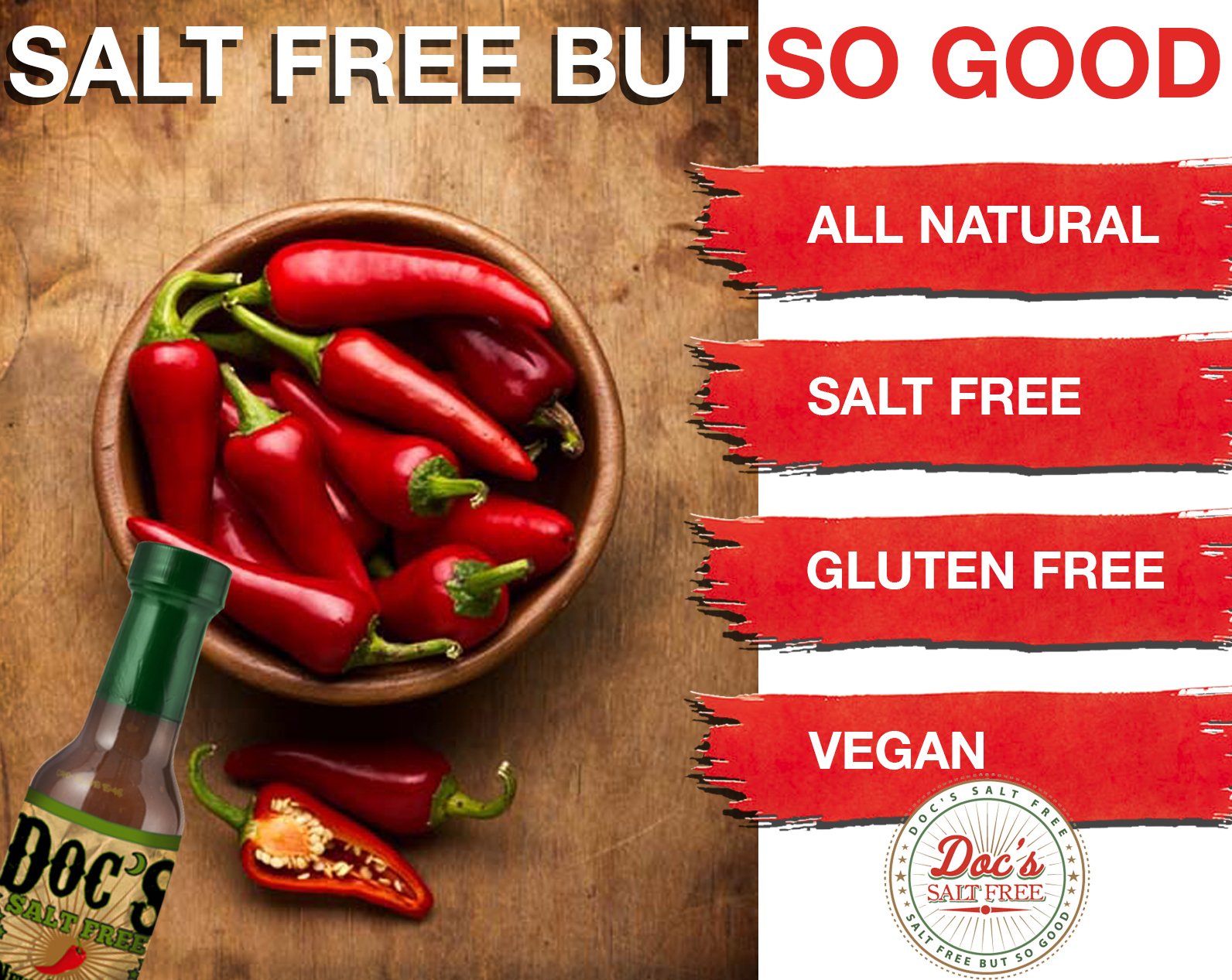 Doc's Original Salt Free Hot Sauce - 5 oz Mild Louisiana Style Red Pepper Sauce - All Natural, Gluten Free, Vegan - Perfect for Diets, Cooking & Grilling