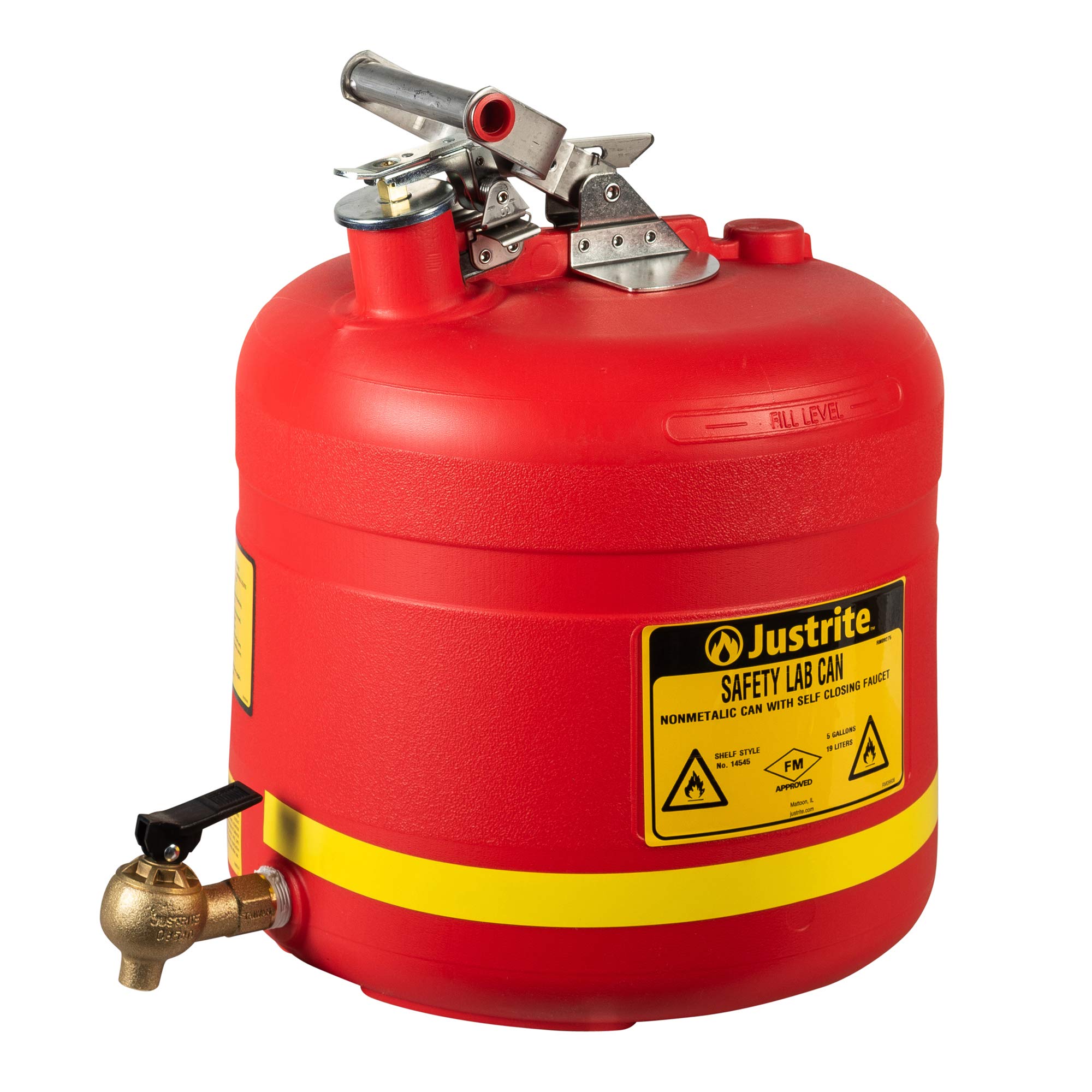 Justrite 14545 5 Gallon Red Polyethylene Safety Can with Self-Closing Brass Faucet - Chemical Storage, Workshop & Garage Use for Flammable Liquids