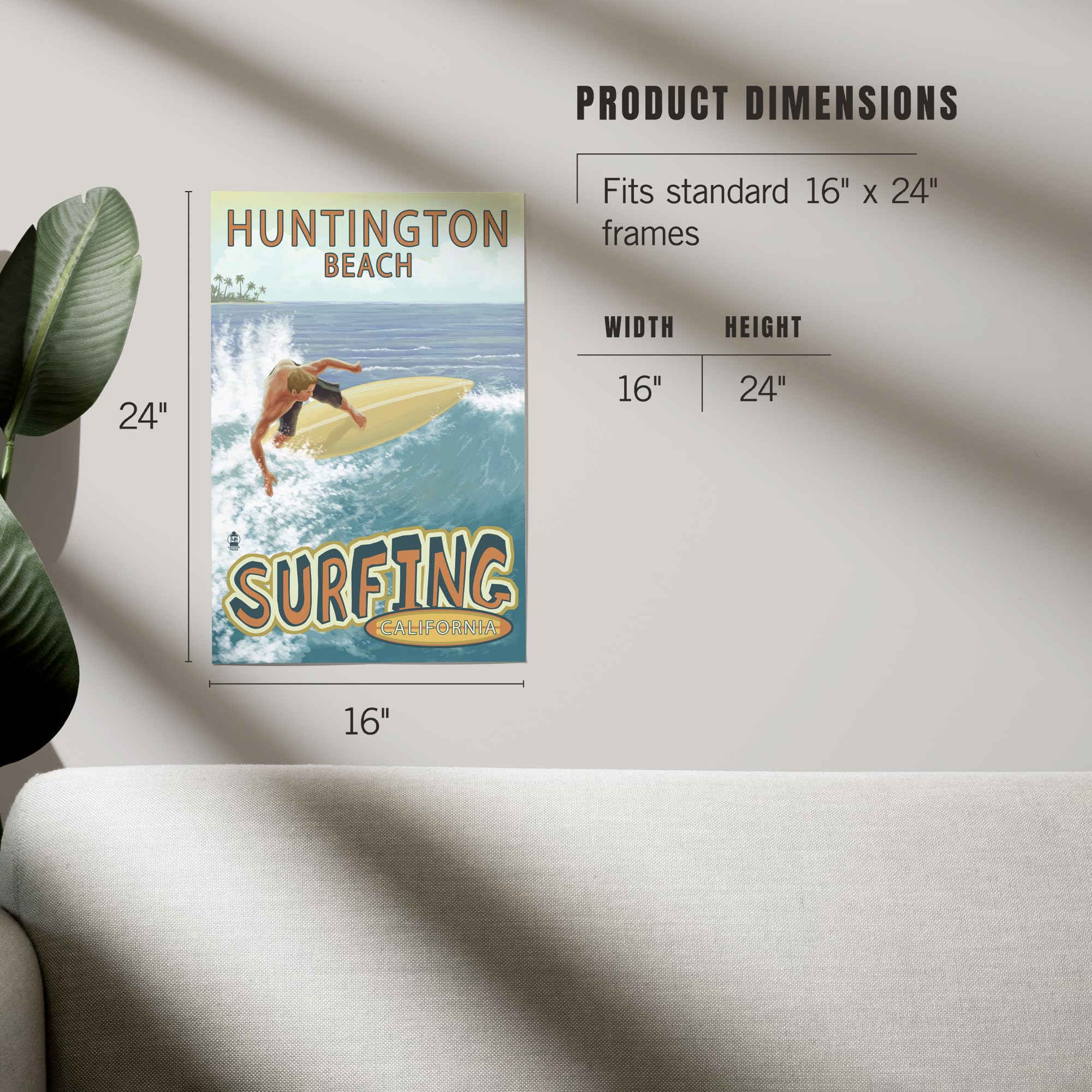 Lantern Press 16x24 Inch Giclee Art Print - Huntington Beach California Surf Scene | Tropical Coastal Wall Decor for Beach House, Living Room & Office