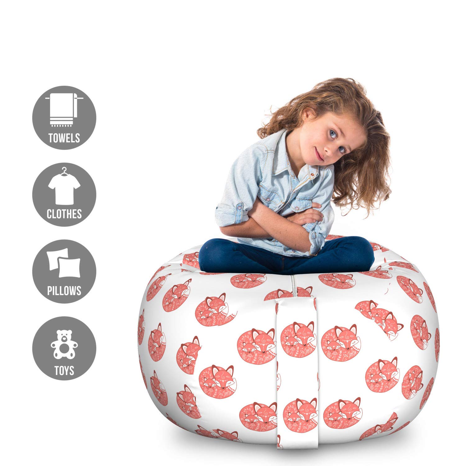 Ambesonne Fox Printed Storage Toy Bag Chair - Large Washable Stuffed Animal Organizer with Woodland Theme, Dark Salmon Paprika | Kids' Room Decor, Playroom Storage, Nursery Organization
