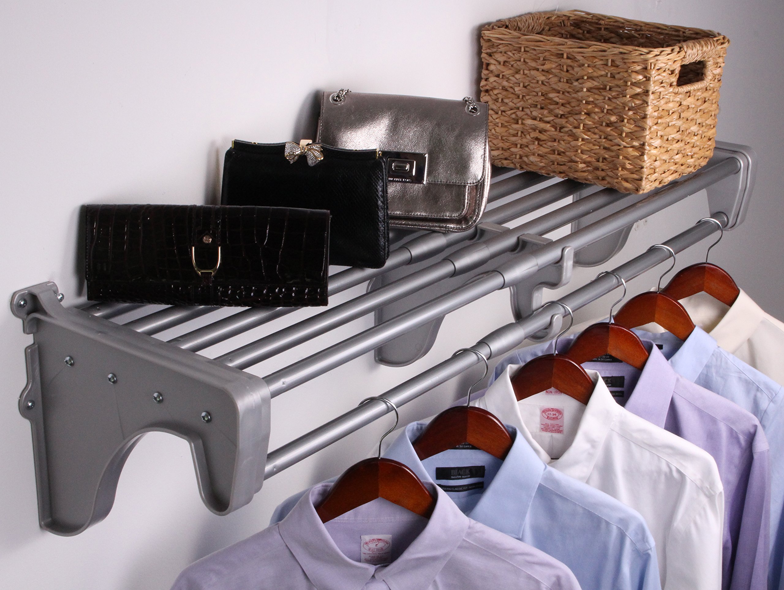 EZ SHELF - Expandable Closet Shelf with Hanging Rod (42.5-75 Inches) - Heavy Duty Floating Shelf Holds 200 lbs - Silver Metal Storage Solution - Easy Installation with Brackets - Perfect for Bedroom Closet Organization & Space Saving Storage