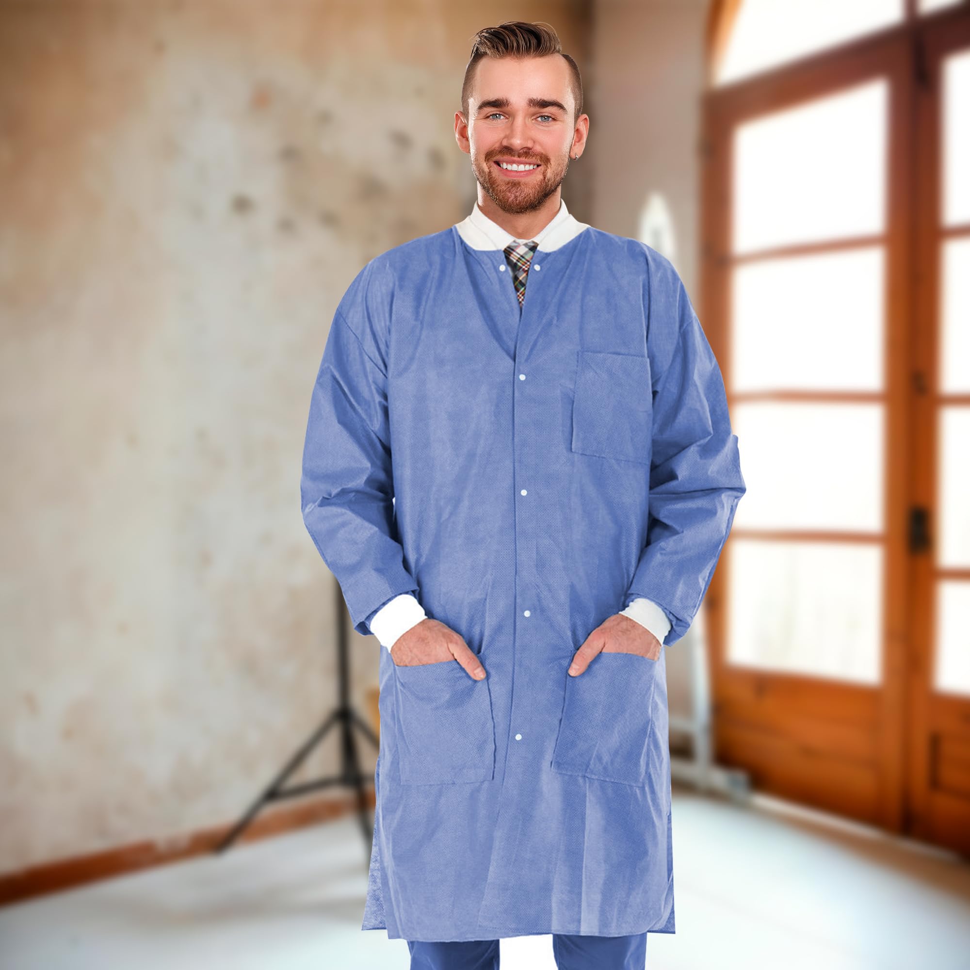 AMZ Disposable Lab Coats for Adults - Medium Size, Pack of 50 - Blueberry SMS Knee-Length Medical Lab Coats (45 GSM) with Cuffs, Knit Collar & 3 Pockets - Ideal for Medical, Dental, Painting & Laboratory Use