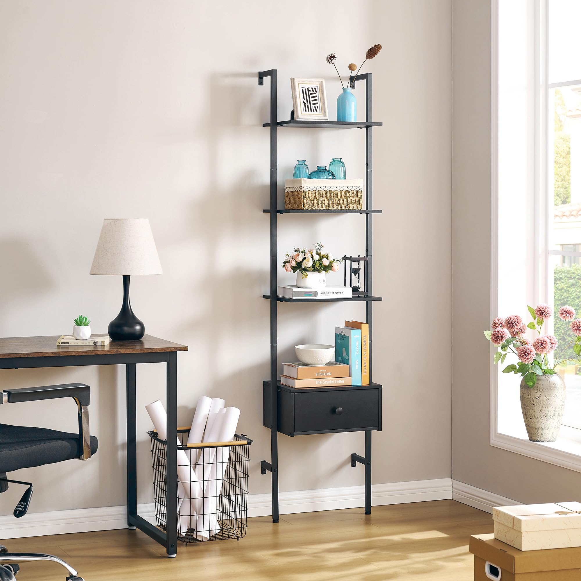 Tajsoon 4-Tier Wooden Ladder Shelf with Drawers - Wall Mounted Bookcase Storage Shelves for Home Office, Bedroom & Living Room - Space Saving Organizer for Books, Decor & Essentials (Black)