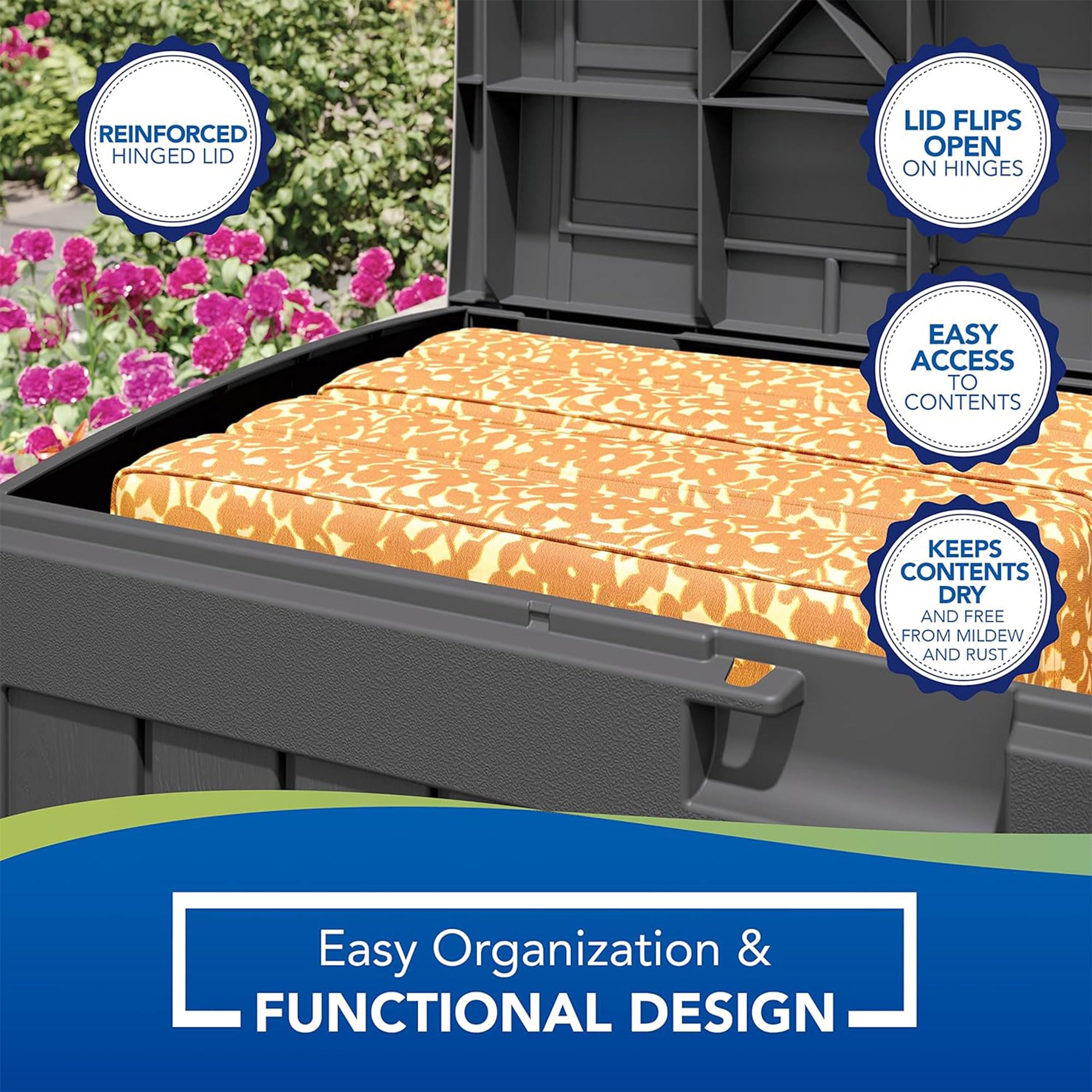 Suncast 50 Gallon All-Weather Resin Outdoor Storage Deck Box with Arched Lid - Medium Capacity Patio, Garden & Pool Storage Solution - Durable Peppercorn Design for Backyard, Deck or Poolside Organization