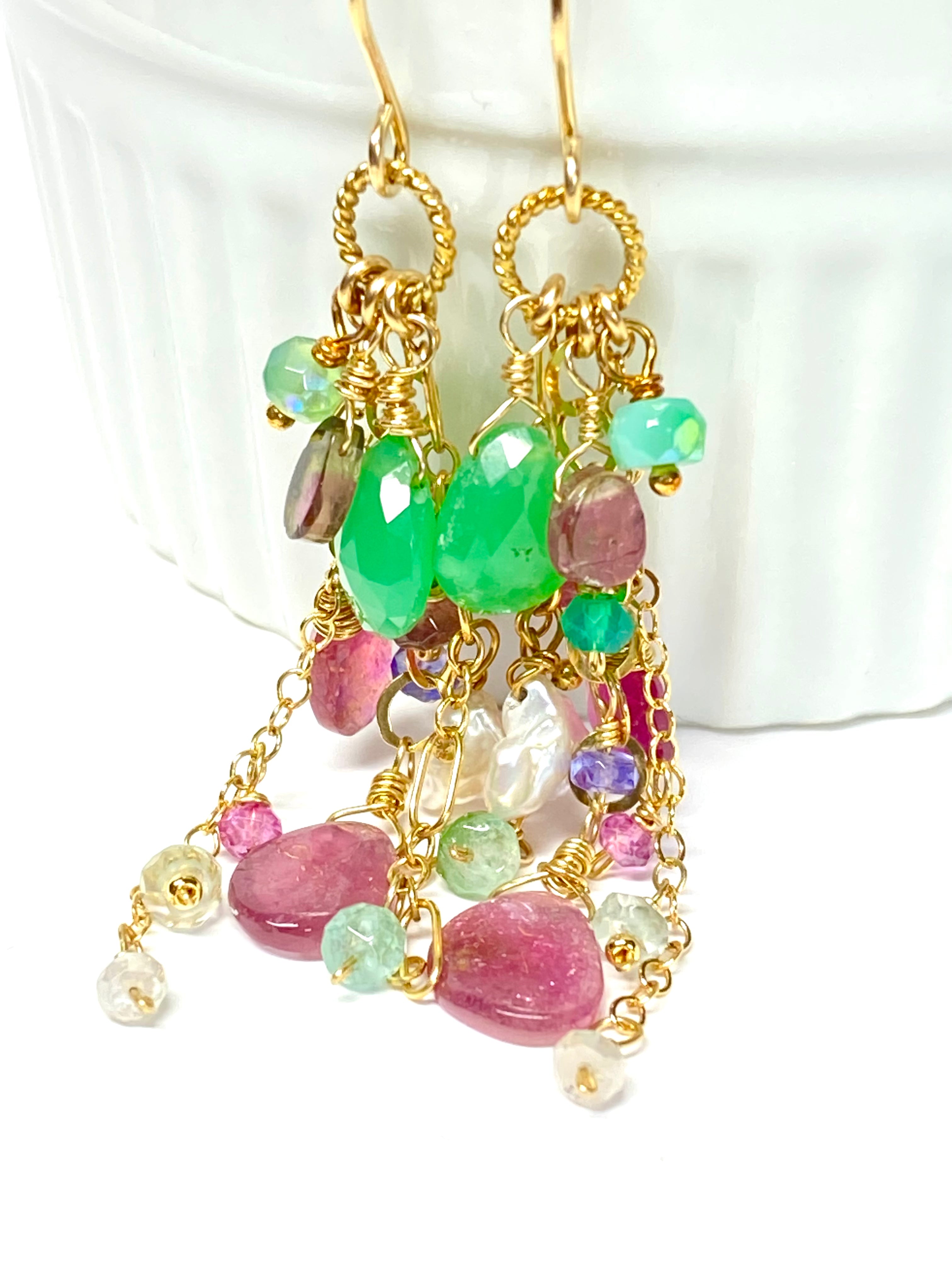 Pink Tourmaline & Green Chrysoprase Dangle Earrings - 14K Gold Filled Gemstone Jewelry for Women - Perfect for Weddings, Parties & Special Occasions