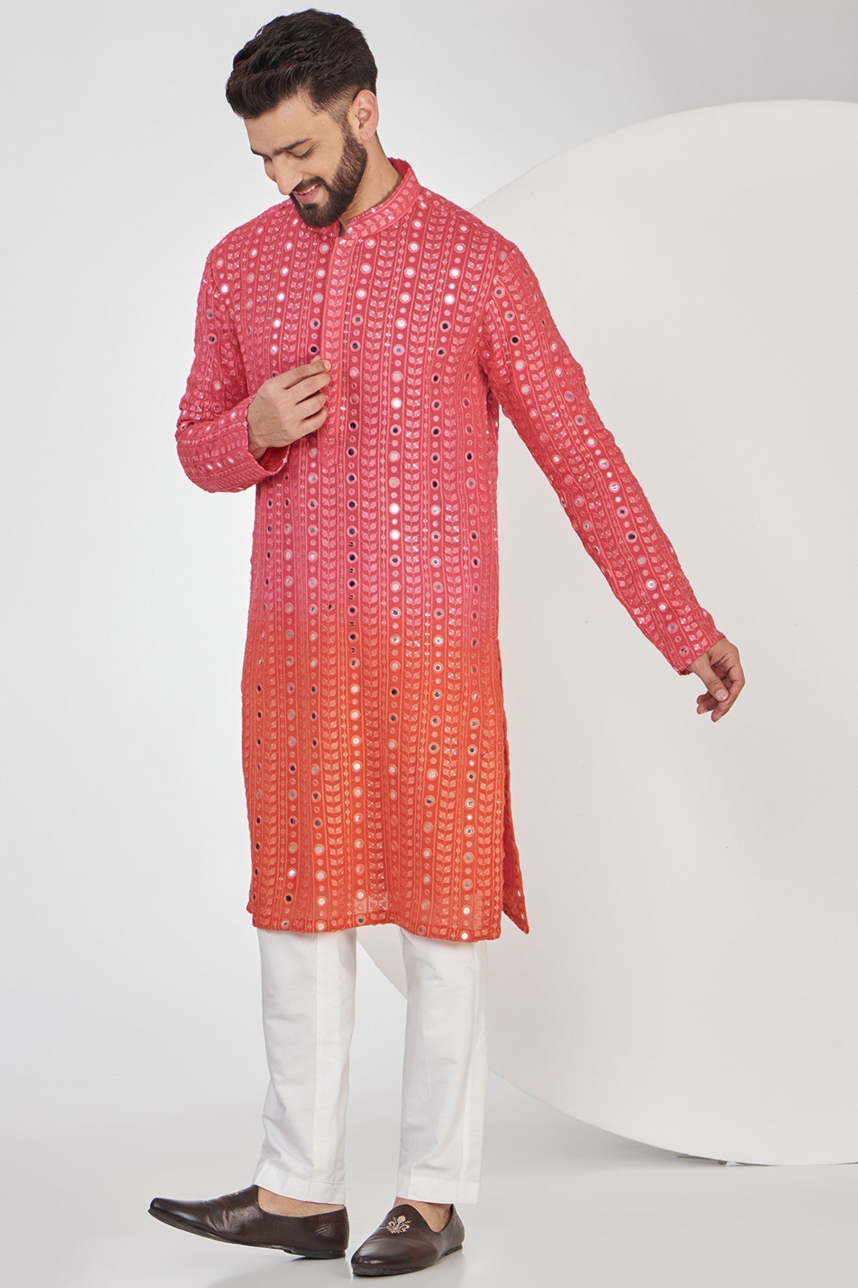 Stylish Pink and Orange Ombre Mirrorwork Kurta for Women | Traditional Indian Embroidered Tunic | Perfect for Festivals, Weddings & Ethnic Parties