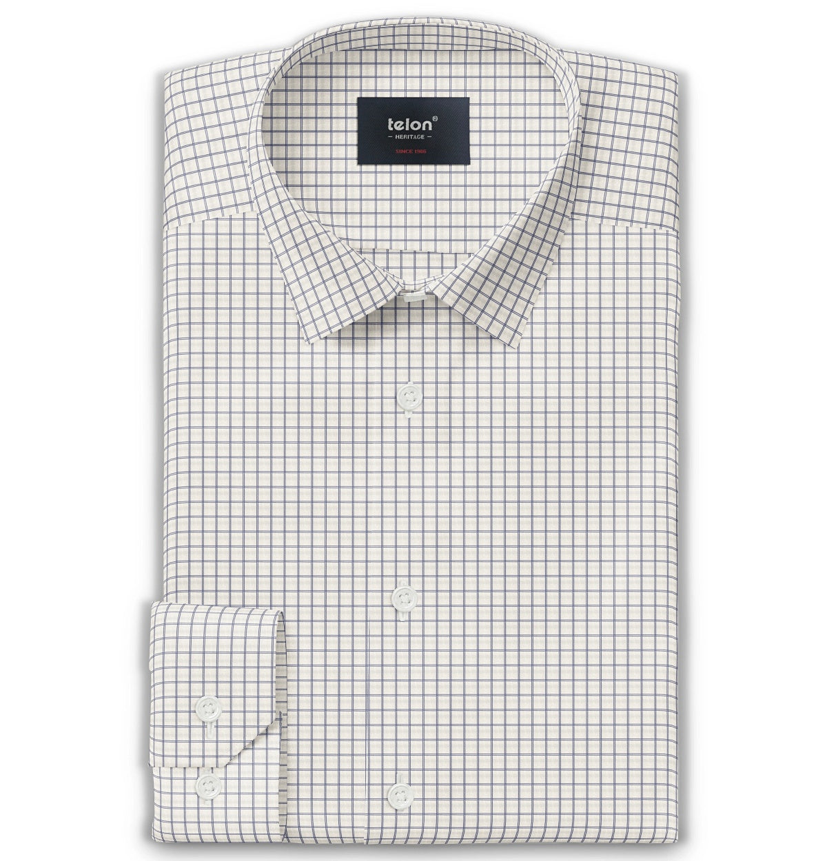 Premium 100% Cotton Long Sleeve Shirt - Cream & Navy Checkered Plaid Pattern for Men - Perfect for Office, Casual Wear & Fall Layering