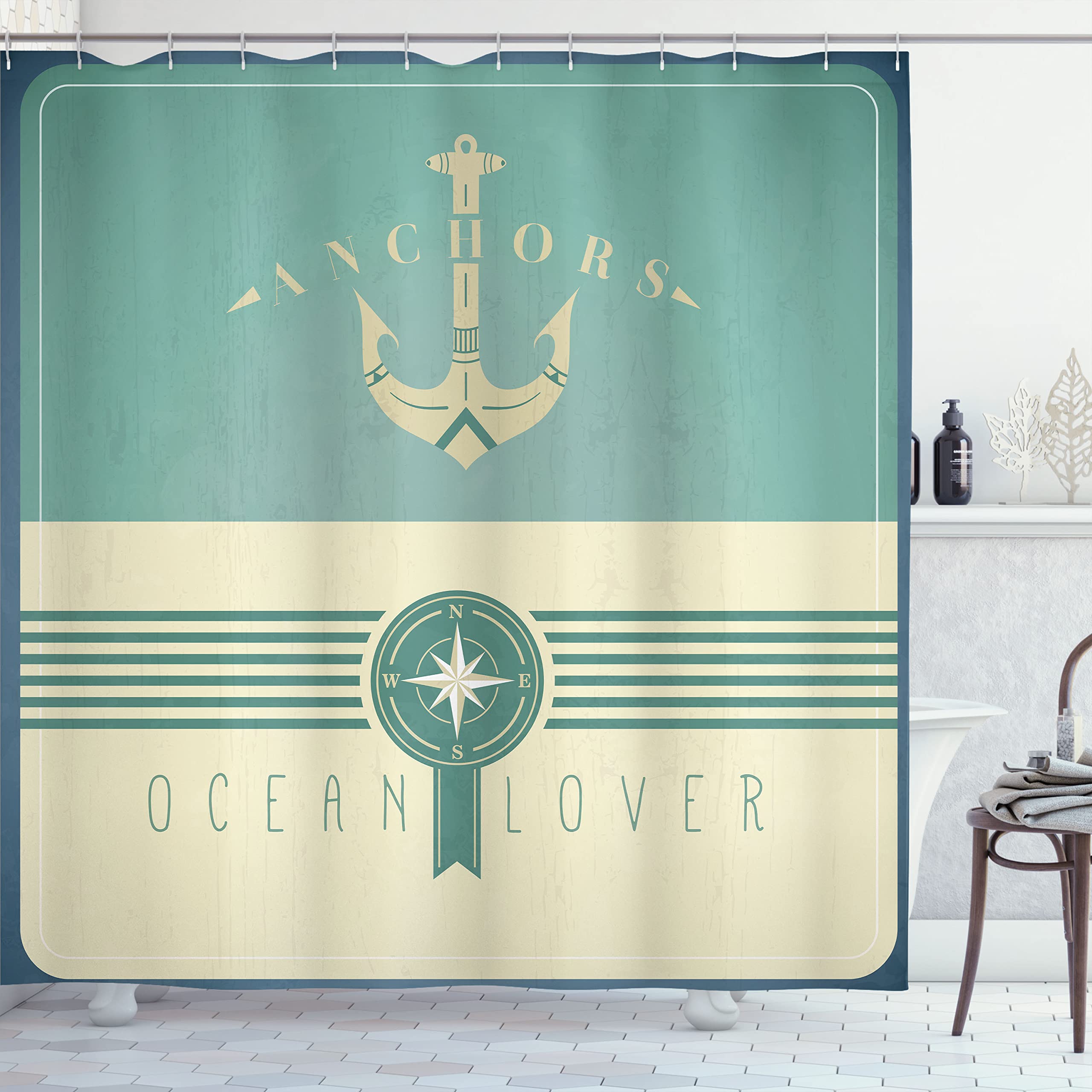Ambesonne Nautical Shower Curtain - Vintage Marine Design with Anchor, Compass & Stripes - 69