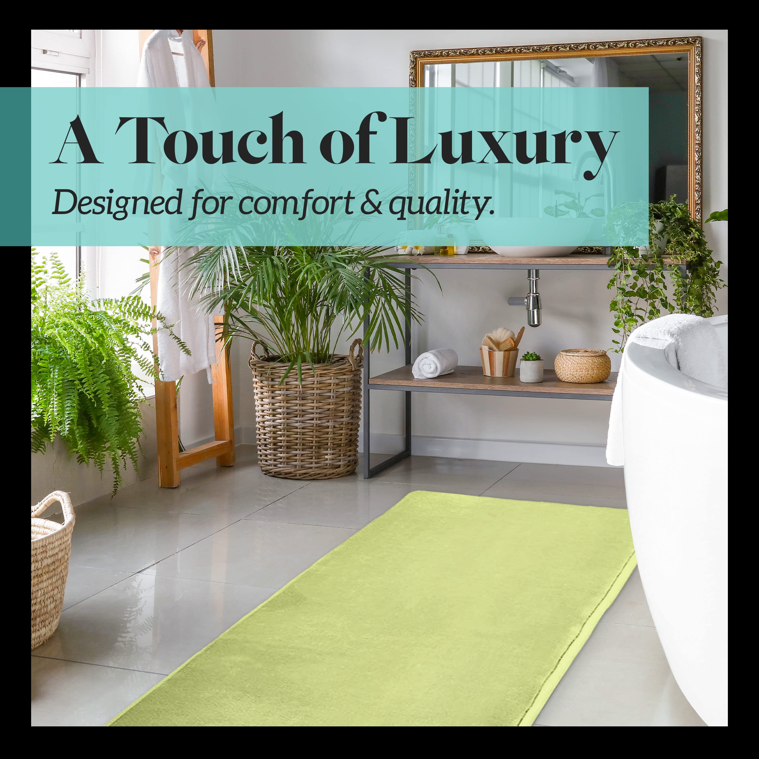 Genteele Memory Foam Bath Mat - Non-Slip Absorbent Super Soft Velvet Bathroom Rug (60x17 Inches, Lime Green) for Shower, Bathtub & Bathroom Floor Comfort