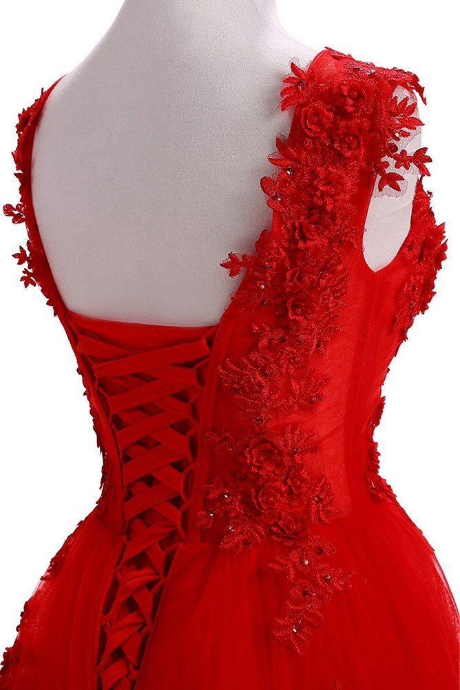 Elegant Women's Sweep Lace Appliques Scoop Neck Tulle A-Line Prom Dress for Homecoming, Wedding & Special Occasions
