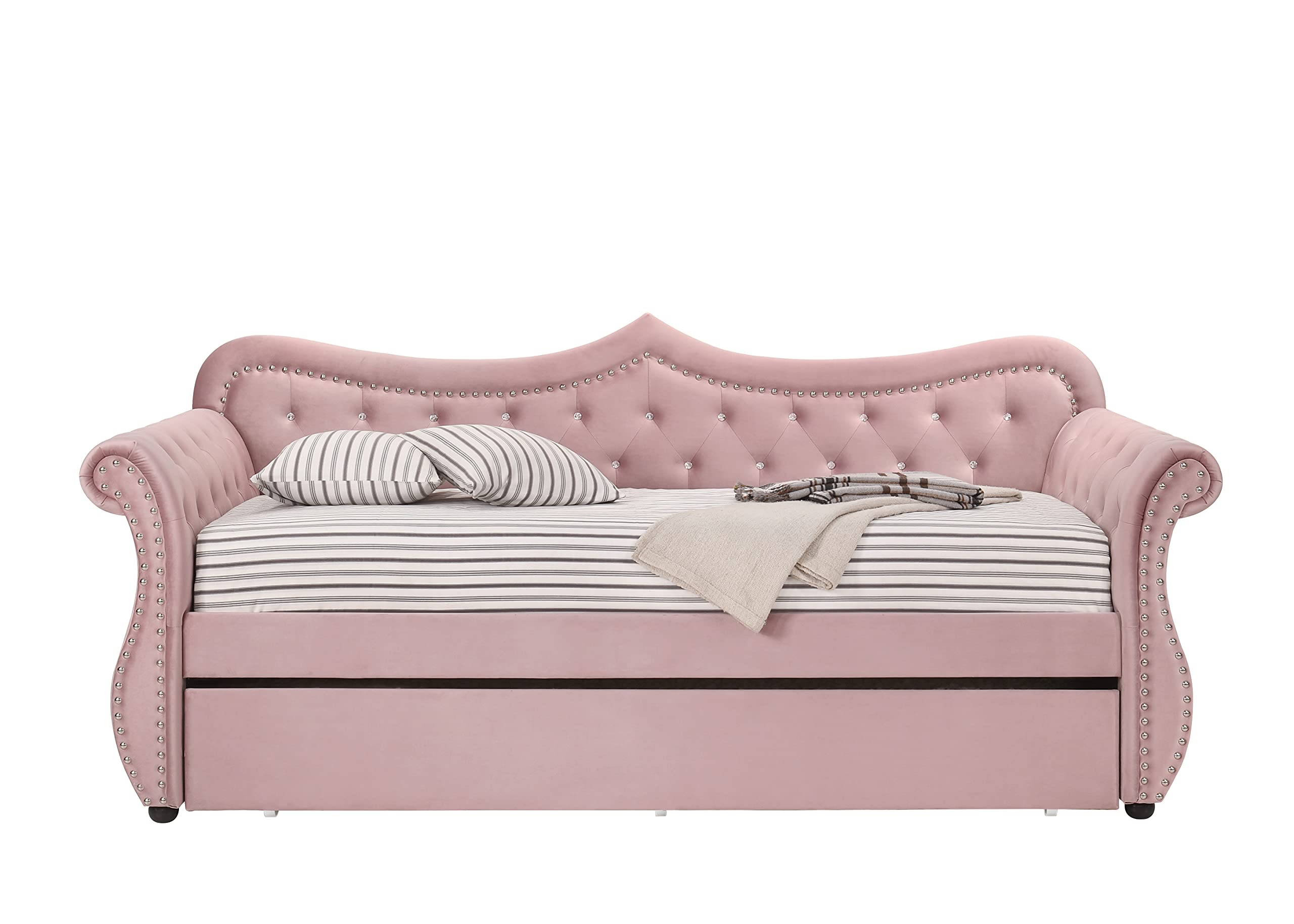 HABITRIO Twin Size Daybed with Trundle - Wood Frame, Button-Tufted Upholstery & Nailhead Trim, Curved Design Sofa Bed with Easy Pull-Out Trundle - Perfect for Small Spaces, Guest Room, Dorm or Apartment (Pink)
