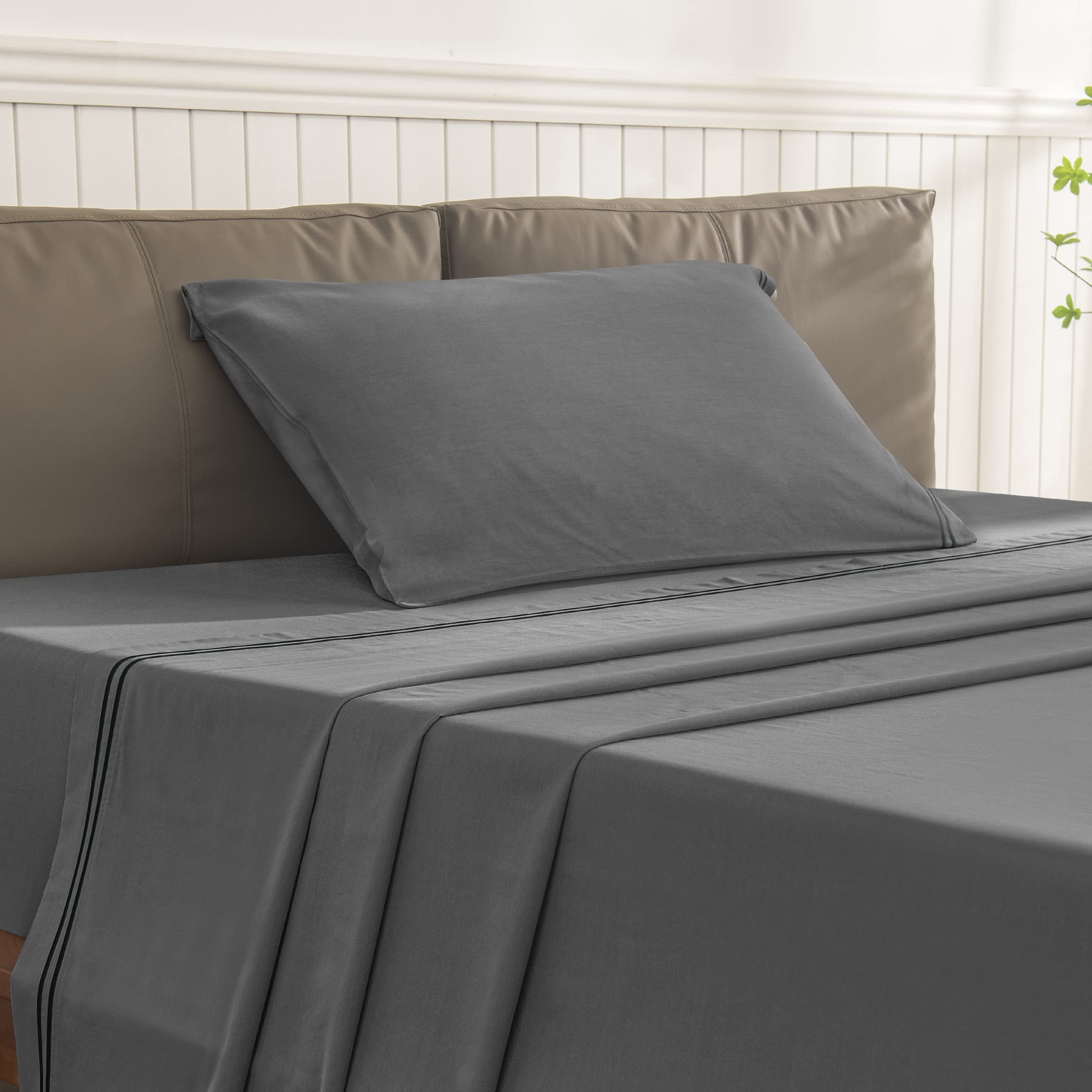 SUBRTEX 3-Piece Twin Bed Sheets Set - 100% Cotton Tencel Blend Soft & Breathable Bedding with Deep Pocket Fitted Sheet & Pillowcases - Fade Resistant, Machine Washable - Perfect for Guest Rooms, Dorms & Kids' Bedrooms (Twin Size, Gray)
