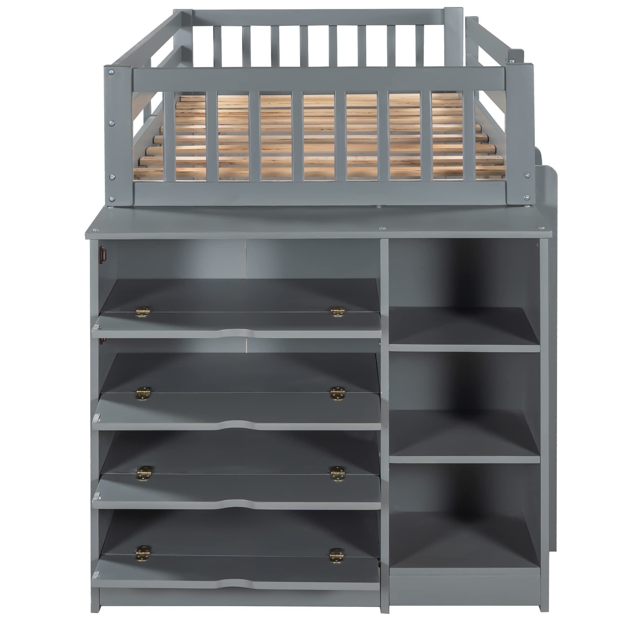 Twin Over Twin Solid Wood Bunk Bed with Cabinet & Shelves - Low Loft Bed Frame with Ladder & Guardrails for Kids, Teens & Adults - Multi-Functional Storage Space (Gray) - Perfect for Small Bedrooms, Dorms & Guest Rooms