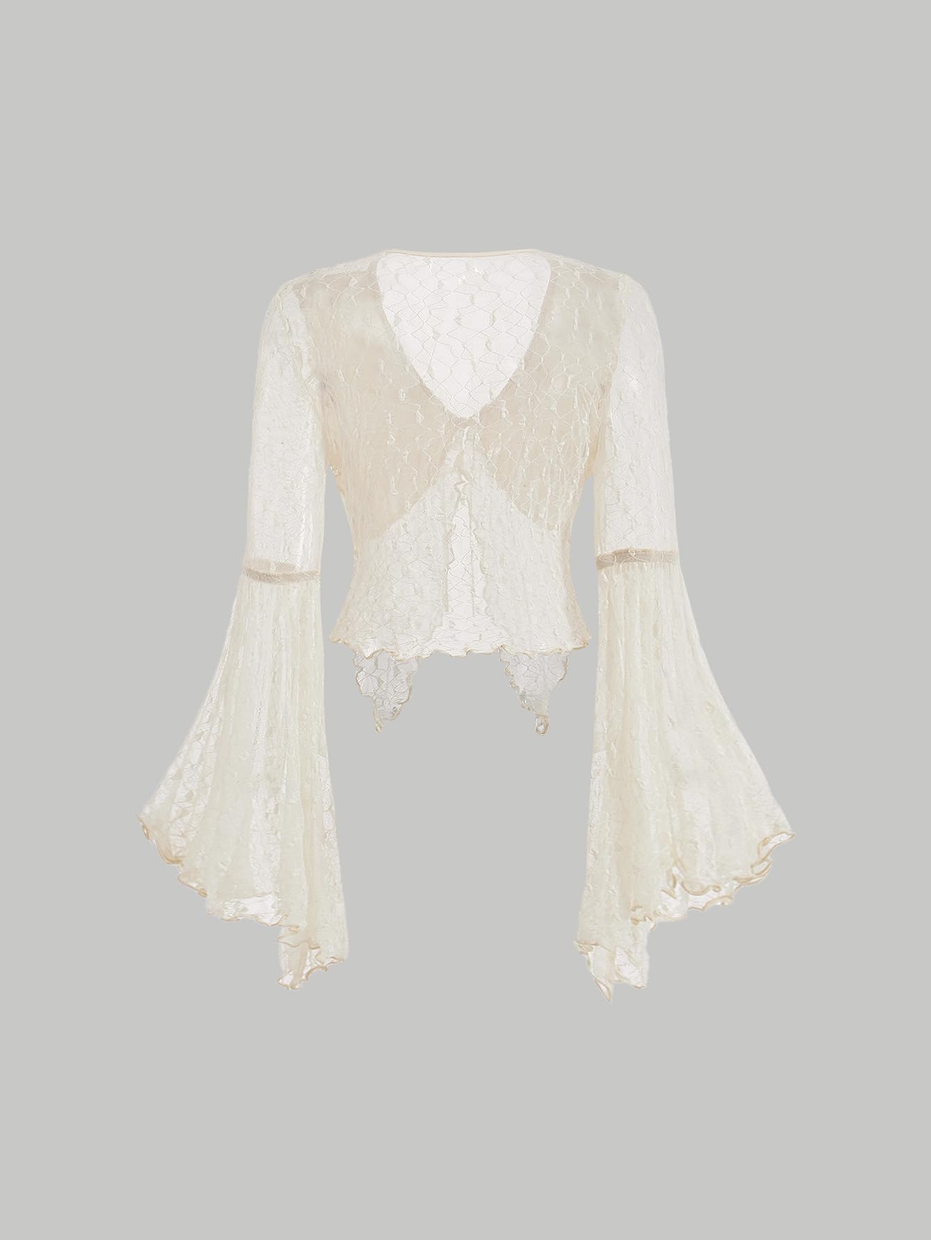 Verdusa Women's Lace Tie Front Bell Sleeve Sheer Blouse - Elegant Long Sleeve Crop Top for Date Night, Party & Office Wear