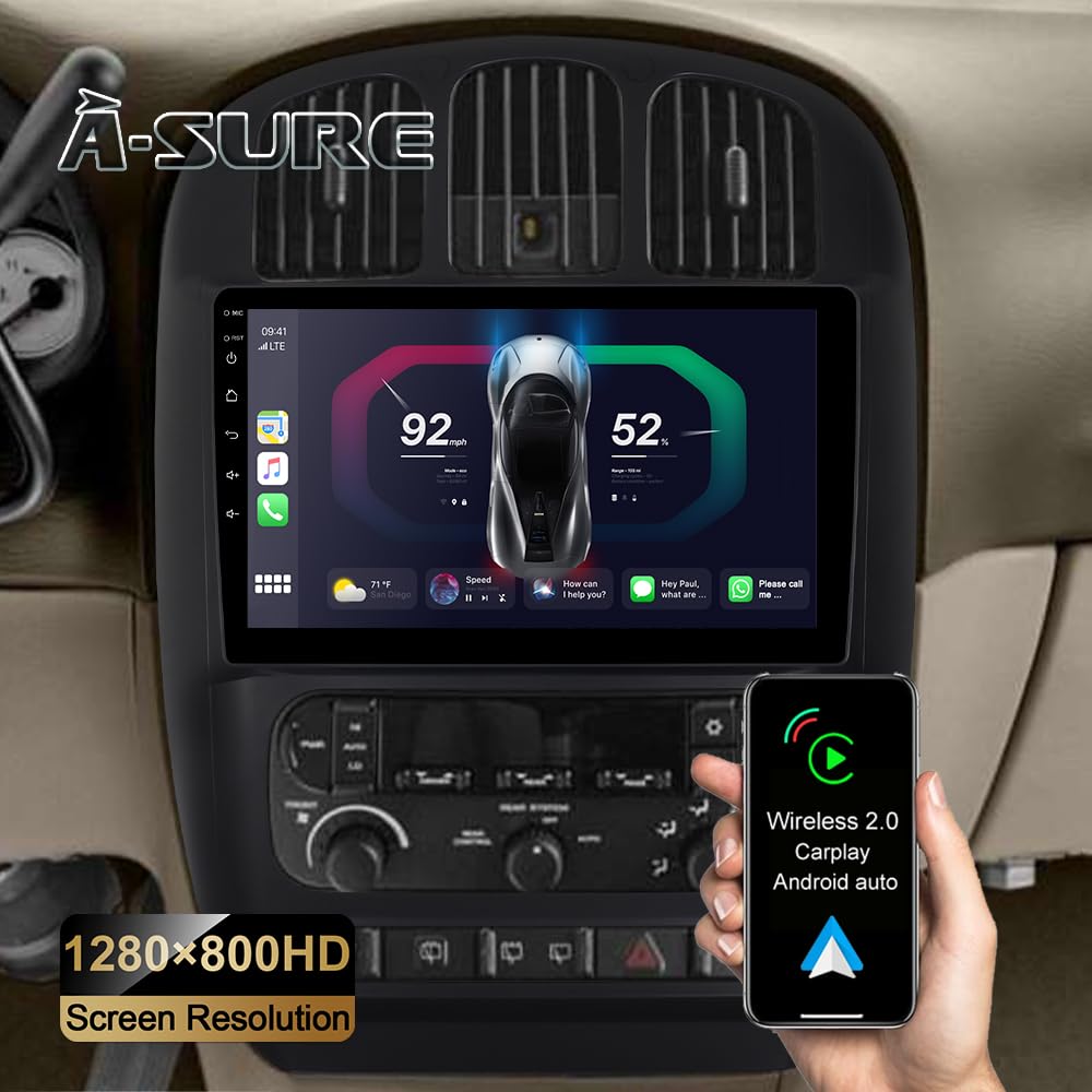 10.1 Inch Android Car Stereo with Wireless CarPlay & Android Auto - 4-Core 2+32GB GPS Navigation for 2001-2007 Chrysler Town & Country & Dodge Grand Caravan - 1280x800 HD Touchscreen - Perfect for Road Trips & Daily Commuting