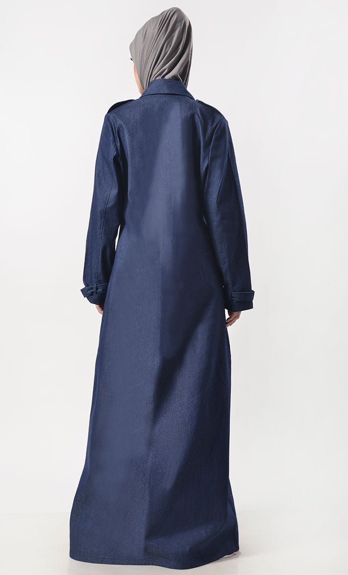 Modest Denim Overlap Style Abaya With Pockets - Islamic Prayer Dress for Women, Loose Fit Long Dress for Hijab Fashion, Perfect for Mosque, Eid, and Daily Wear