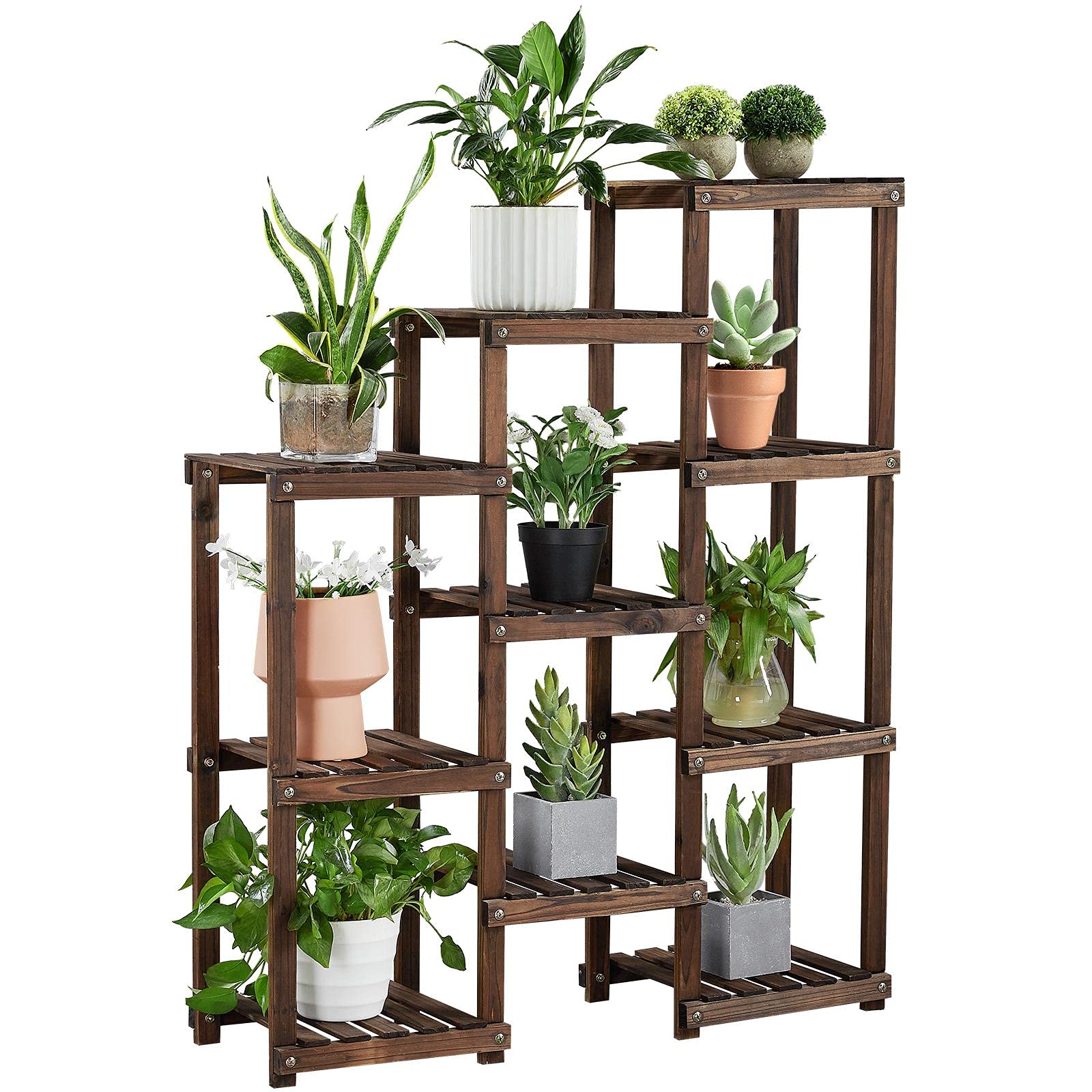 Yaheetech 3-Tier Wooden Plant Stand Shelf for Indoor Outdoor Plants - Sturdy Solid Wood Flower Display Rack for Garden, Living Room, Office, Balcony (Brown) - Perfect for Organizing Potted Plants, Herbs, and Decorative Items