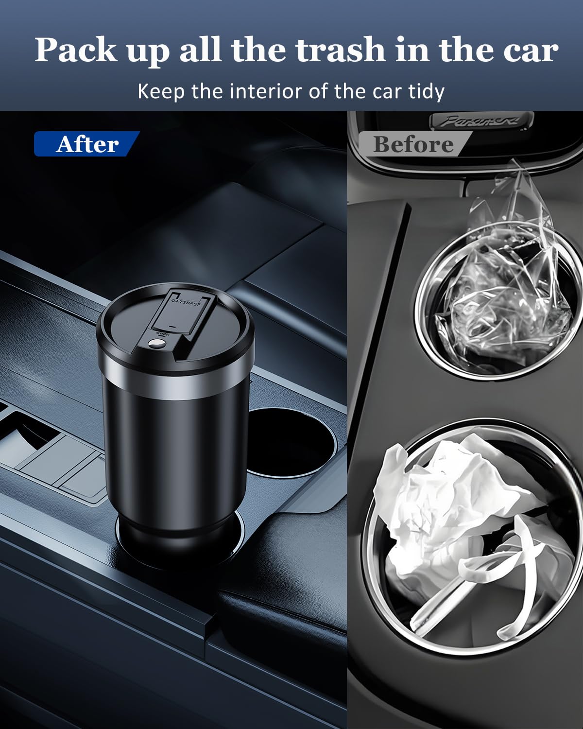 Mini Car Trash Can with Lid & 45 Trash Bags - Small Cup Holder Garbage Bin for Front Seat, Vehicle Accessories for Men & Women - Perfect for Road Trips, Commuting & Keeping Your Car Clean (Black)
