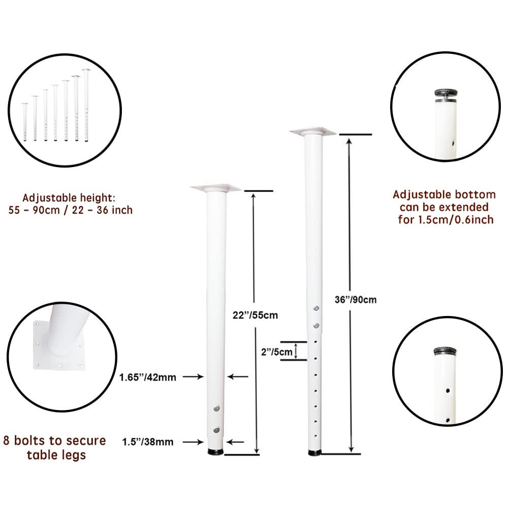 Adjustable Table Legs 22-36 inch (55-90cm) - Heavy Duty Metal Desk Legs Ø42/38mm with Screws - Telescopic Legs for DIY Desk, Workbench, RV, Home & Office - Perfect for Standing Desks, Craft Tables & Home Office Setup (4pcs, White)