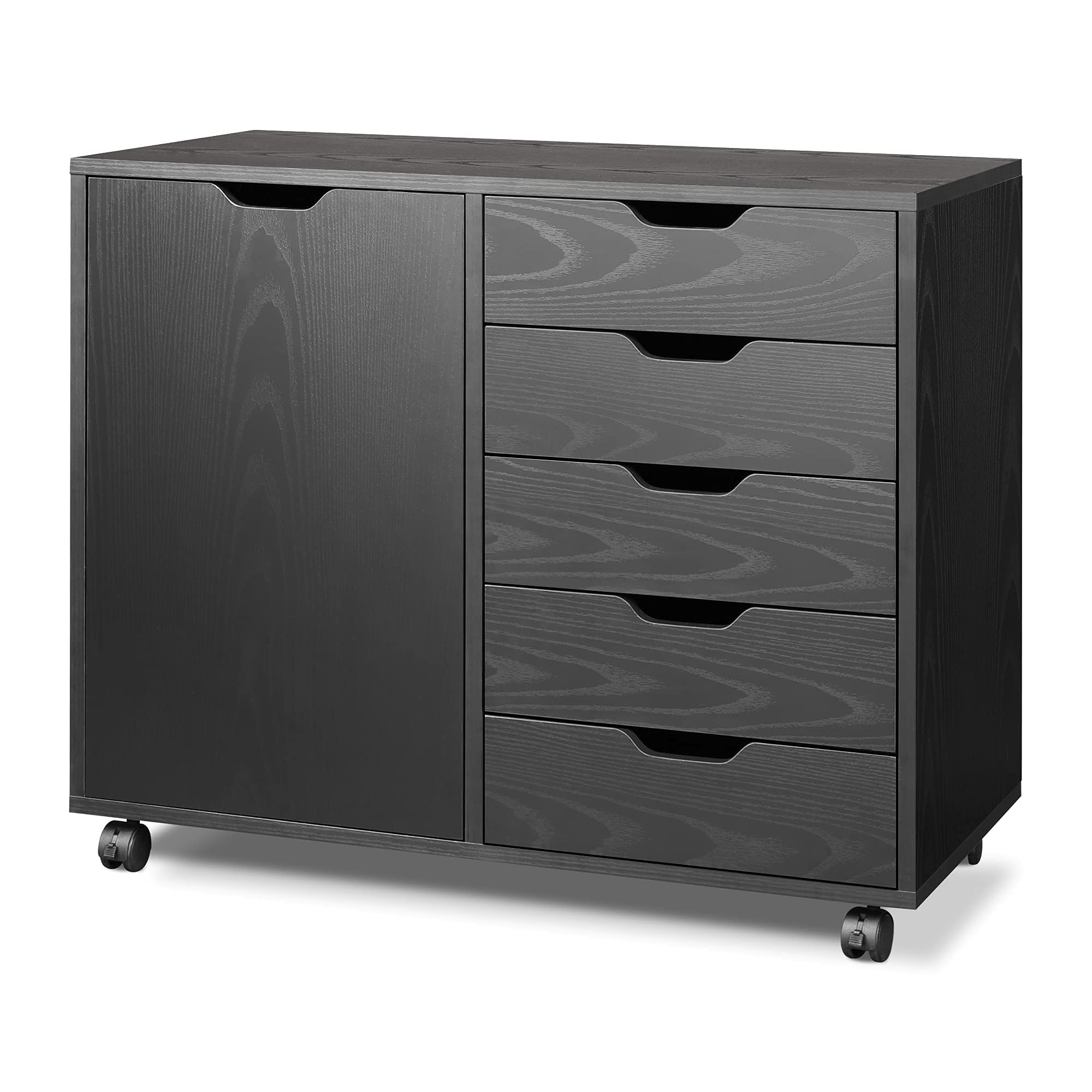 DEVAISE 5-Drawer Wooden Dresser Chest with Door - Mobile Storage Cabinet & Printer Stand for Home Office - Black - Perfect for Bedroom, Living Room & Office Organization