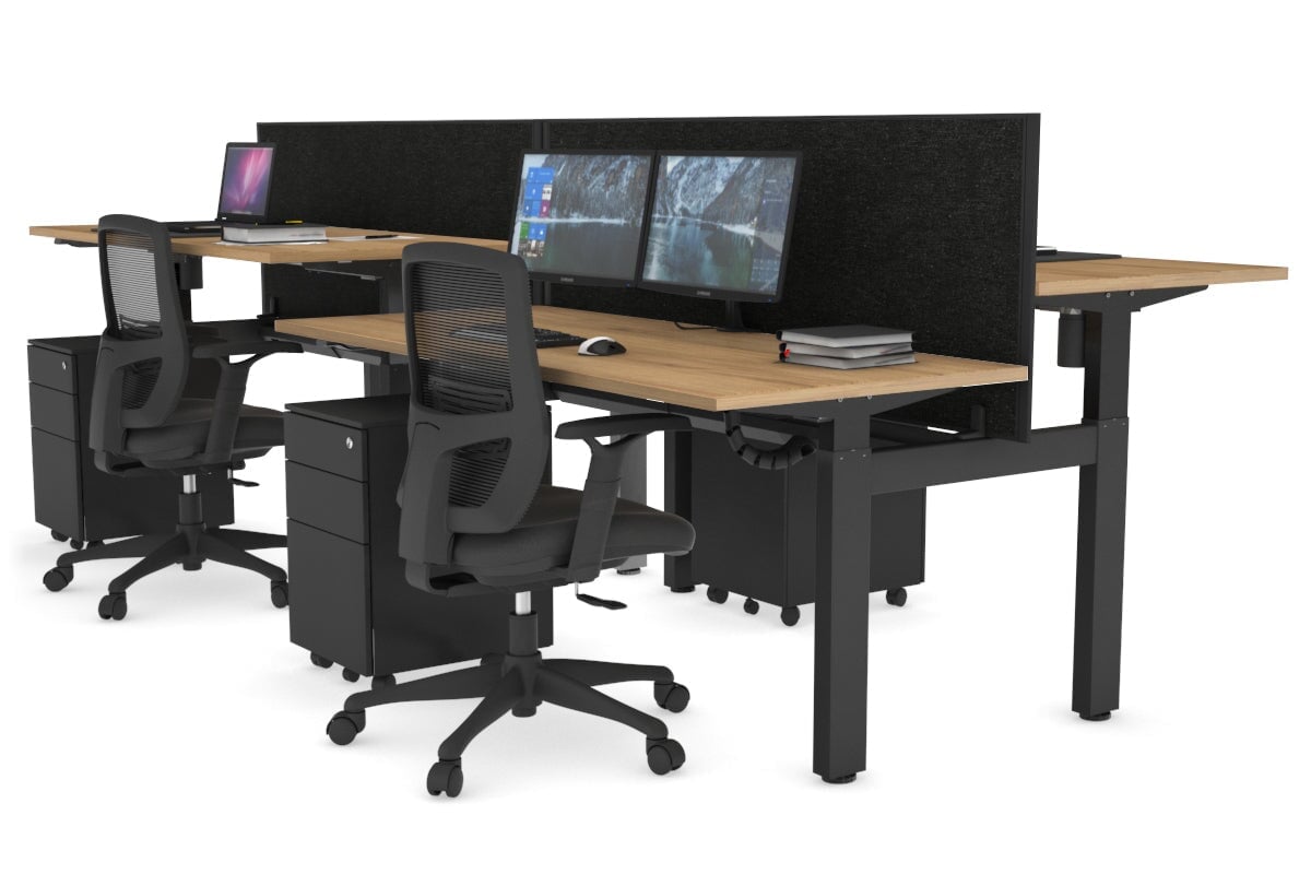 Just Right Height Adjustable 4-Person H Bench Workstation - Black Frame [1400L x 700W] for Office, Coworking Space & Home Office