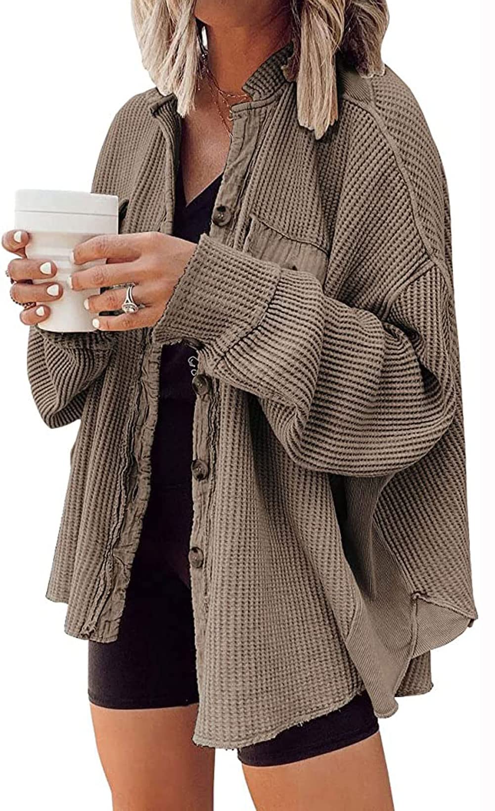 Loveimgs Oversized Waffle Knit Shirt for Women - Fall Corduroy Long Sleeve Button Down Shacket Jacket | Casual Layering, Autumn Outfits, Workwear & Weekend Style