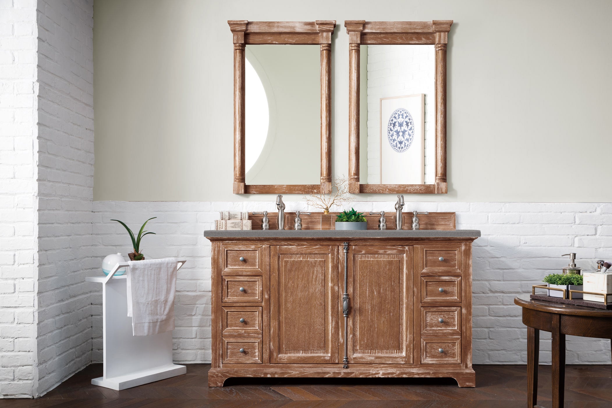 Providence 60-Inch Double Vanity Cabinet with Driftwood Finish & 3CM Grey Expo Quartz Top - Perfect for Master Bathroom Remodeling & Modern Home Decor