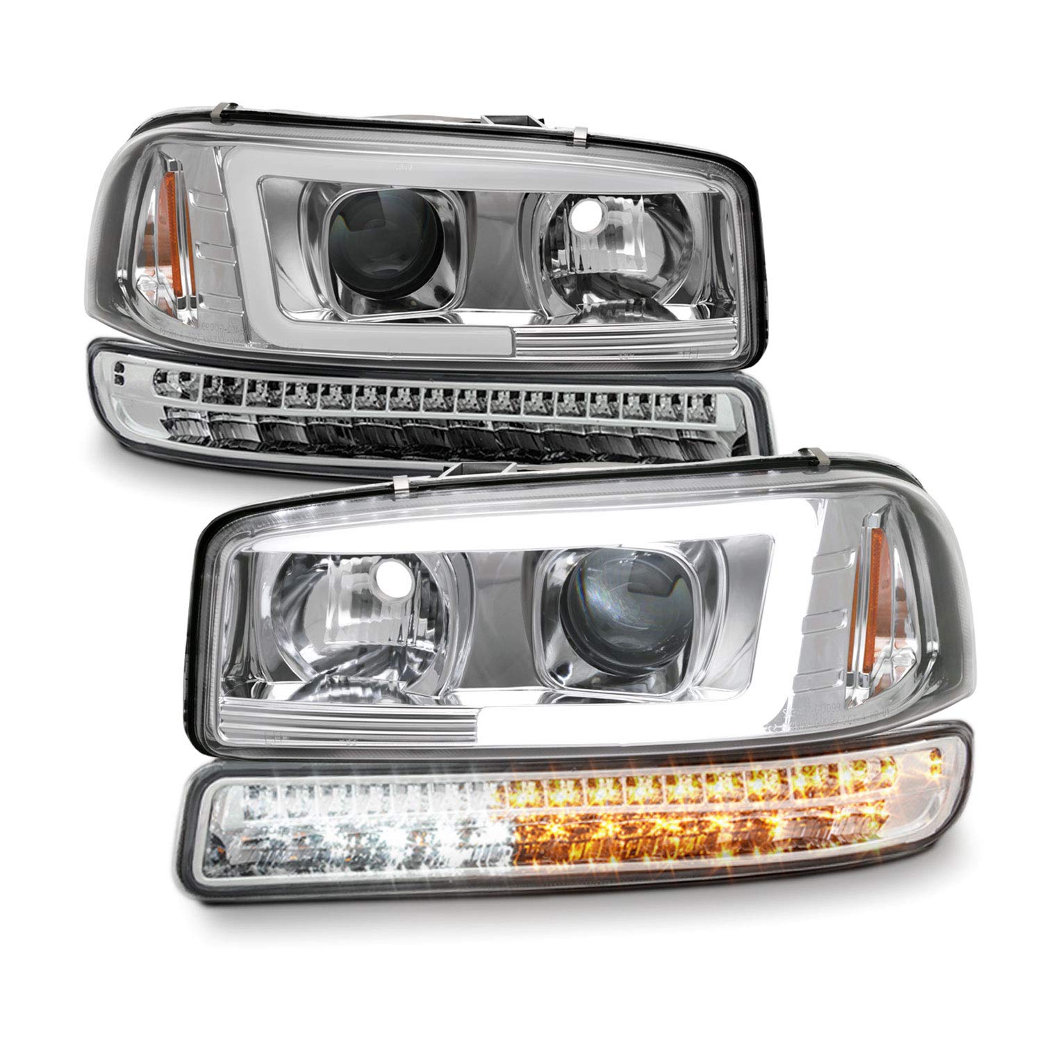 AKKON Chrome LED Tube Projector Headlights + LED Bumper Lamp Pair for 1999-2006 GMC Sierra 1500/2500HD/3500 & Yukon XL - Upgrade Your Truck Lighting for Night Driving & Off-Road Adventures