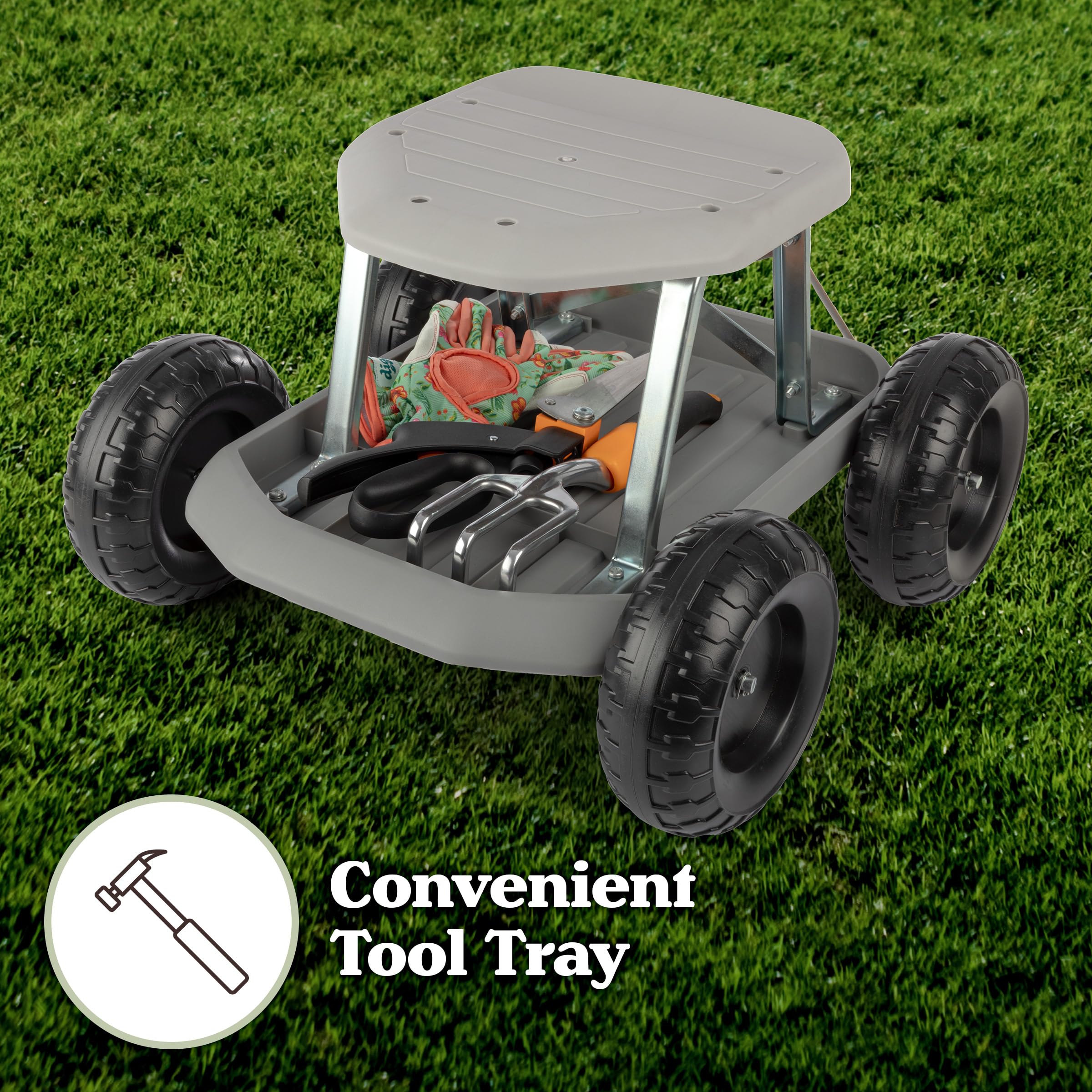 **Pure Garden Rolling Gardening Stool with Wheels & Storage Tool Tray - Foldable Garden Seat Cart for Outdoor Planting, Weeding & Yard Work - Durable Gray Garden Scooter for Seniors & Gardeners**