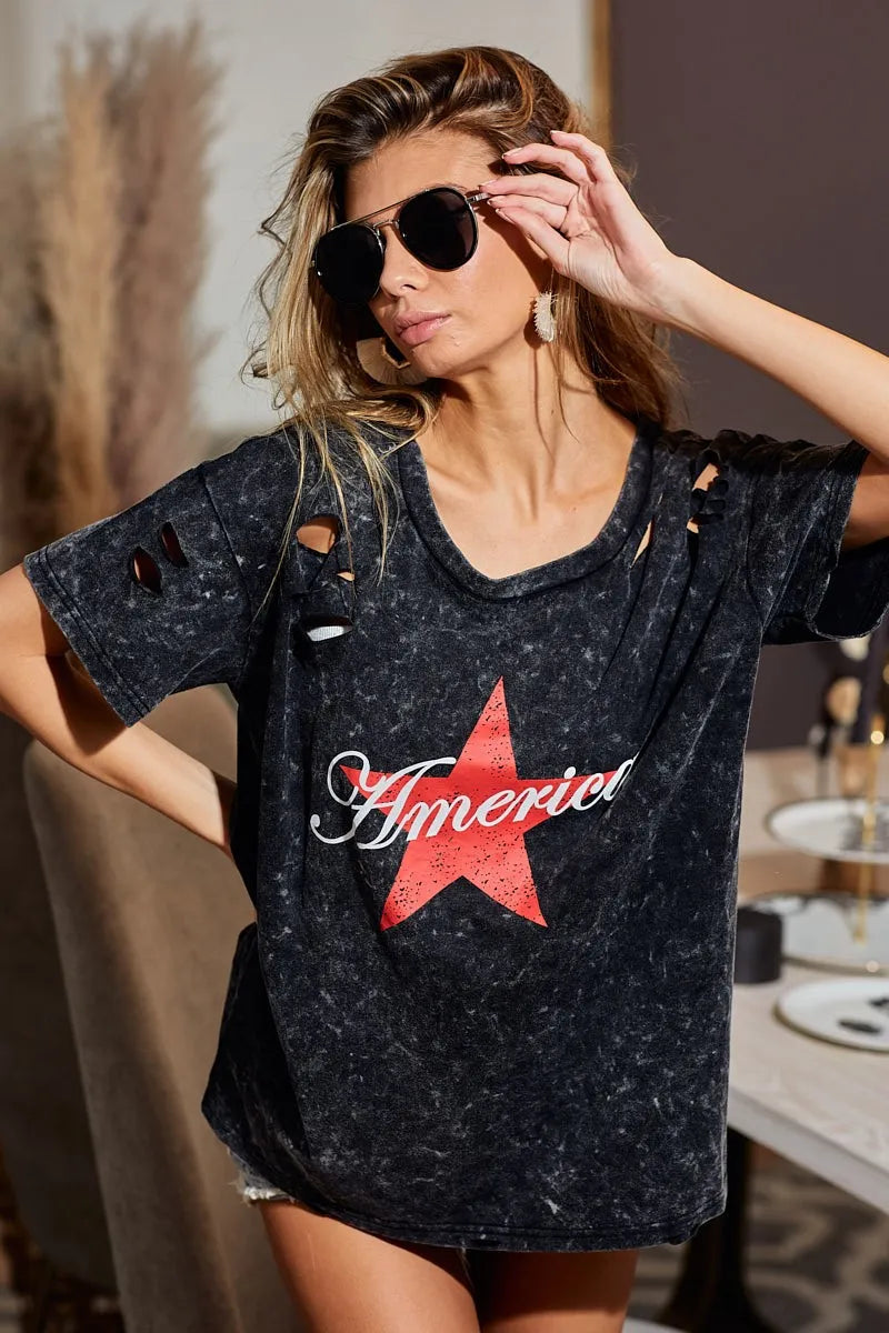 BiBi Laser Cut Mineral Washed Jersey Top - Trendy Women's Fashion Tops for Casual Wear & Street Style | Perfect for Everyday Outfits, Weekend Hangouts & Summer Looks