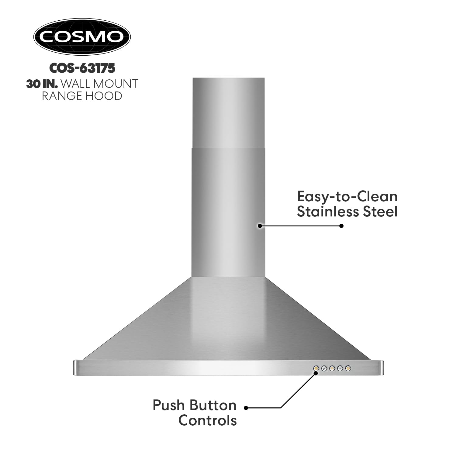 COSMO COS-63175 30-inch Stainless Steel Wall Mount Range Hood - 380 CFM Ducted Ventilation, Button Controls & LED Lights for Kitchen - Perfect for Modern Homes, Apartments, and Restaurants