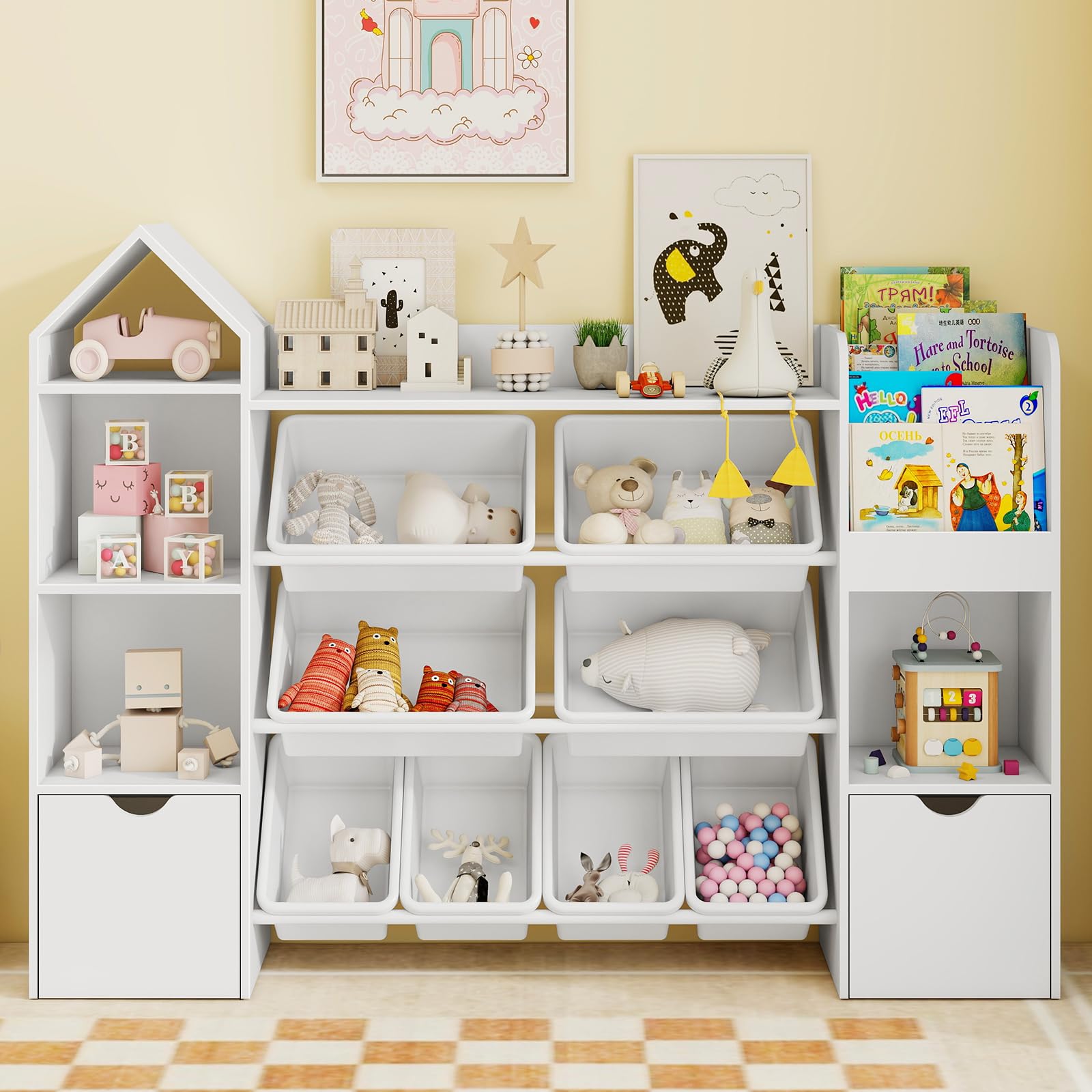 Vabches 8-Bin Kids Toy Organizer with Wheels - 4-Tier Toy Storage Shelf with Removable Bins & 4 Cubbies - White Nursery Organizer for Playroom, Bedroom & Daycare - Easy-Move Toy Storage Solution for Toddlers & Preschoolers