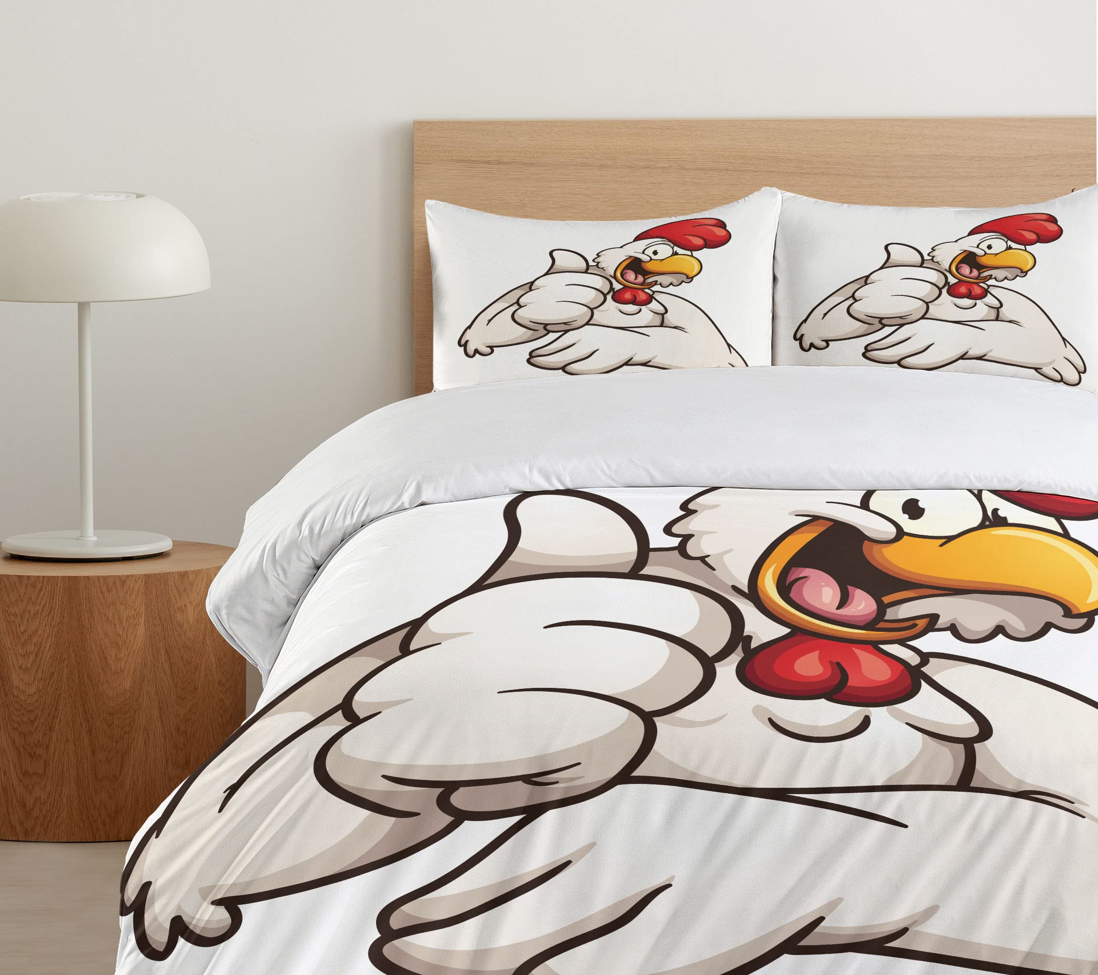 Ambesonne Smile Duvet Cover Set - Cartoon Style Joyous Chicken with Funny Thumbs Up Design | 3-Piece King Size Bedding Set with 2 Pillow Shams in White Vermilion Eggshell | Perfect for Kids' Rooms, Teen Bedrooms & Whimsical Home Decor